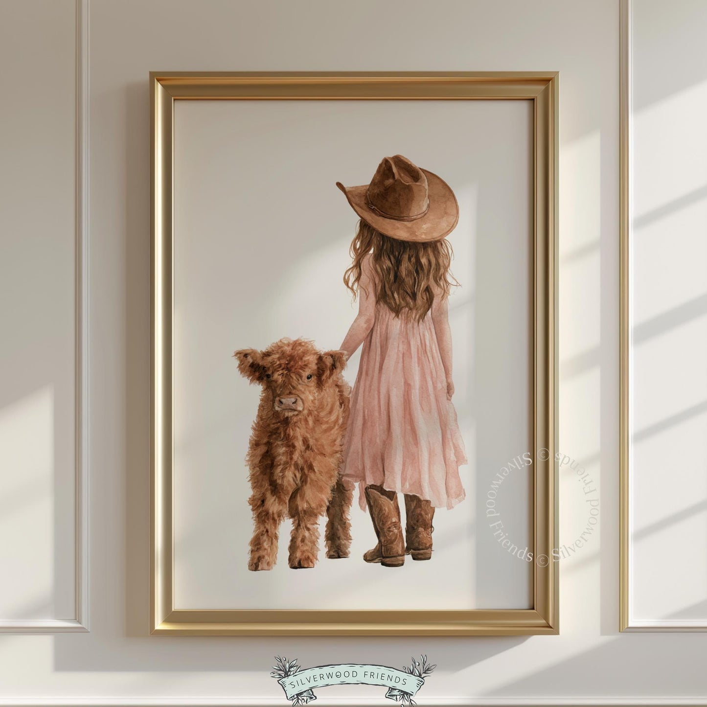 Sweet cowgirl and fluffy calf printable wall art — warm neutral tones perfect for farm nursery
