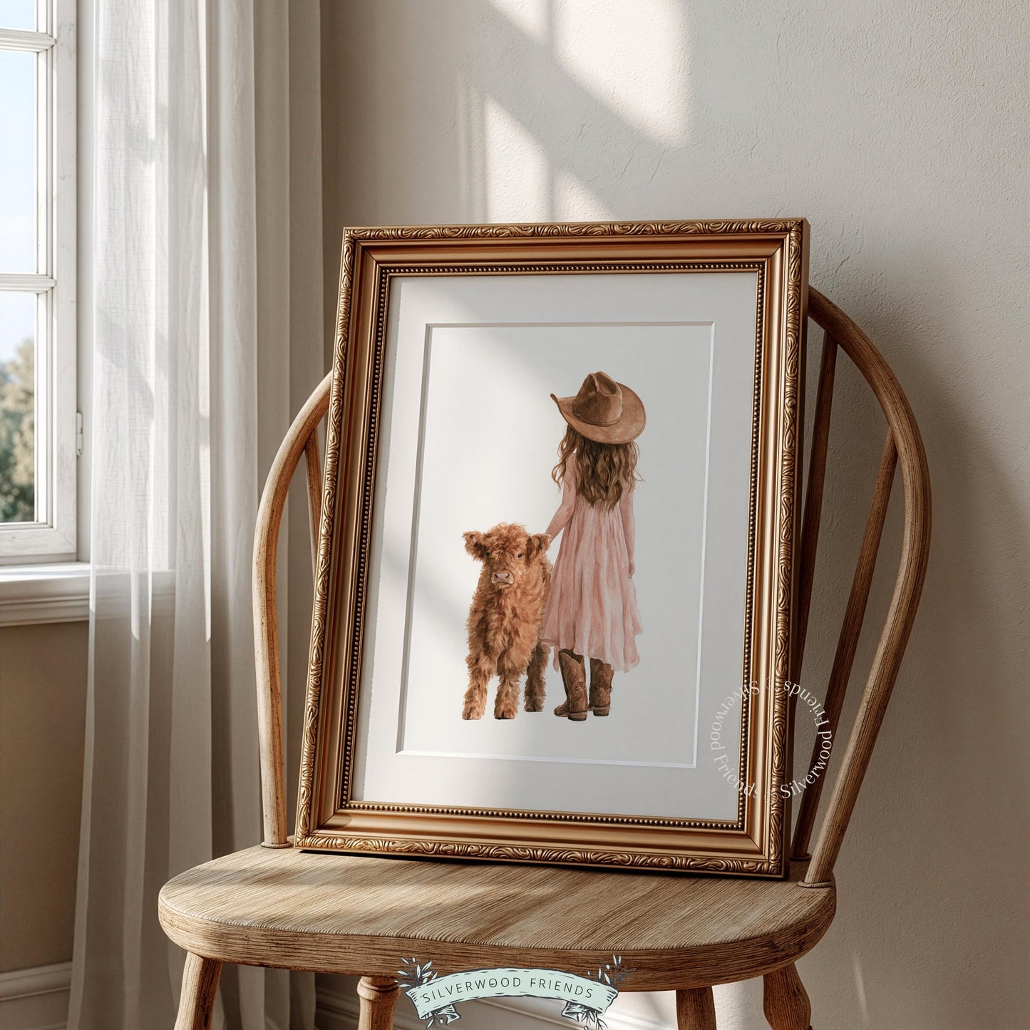 Little cowgirl and highland calf printable art for nursery — soft watercolor with warm earthy tones
