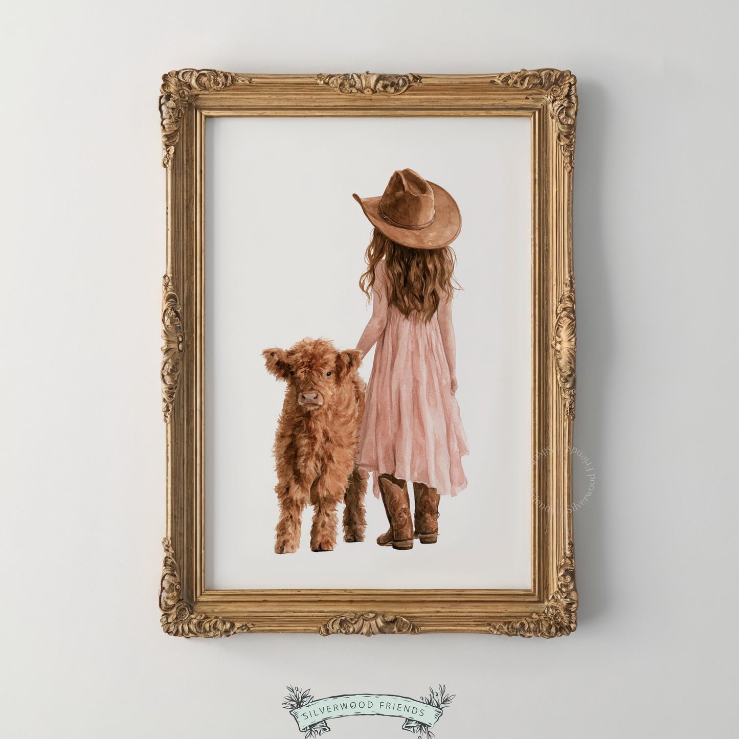 Baby farm animal artwork for kids bedroom — girl in hat beside highland calf in watercolor