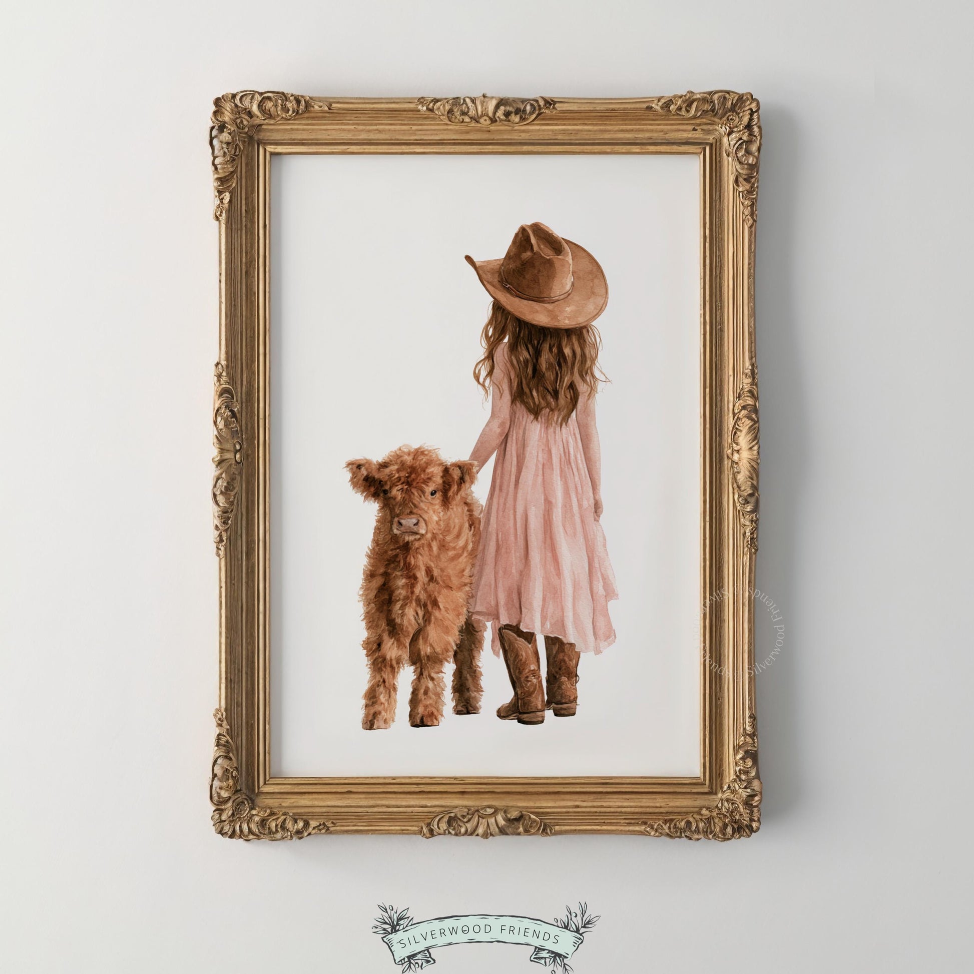 Baby farm animal artwork for kids bedroom — girl in hat beside highland calf in watercolor