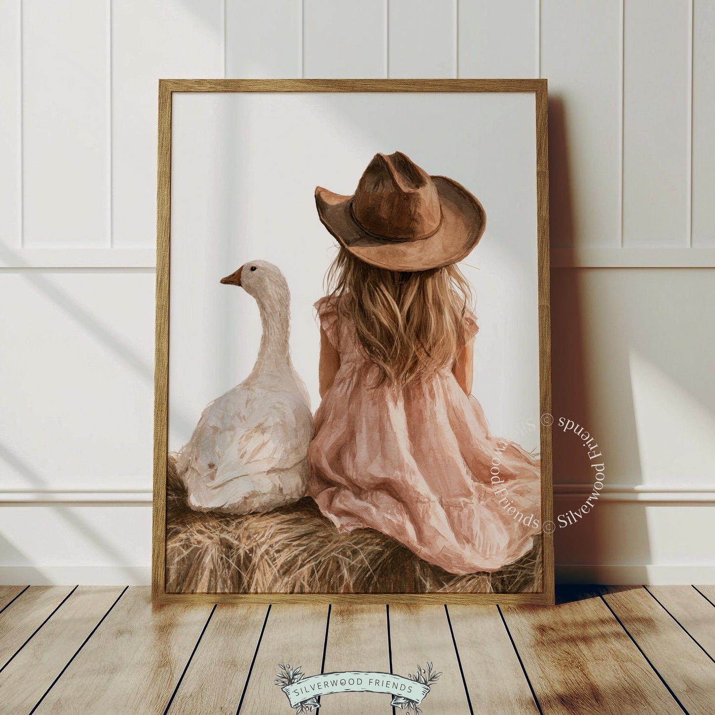 Sweet pastoral nursery picture printable instant download — young girl in cowboy hat with bird