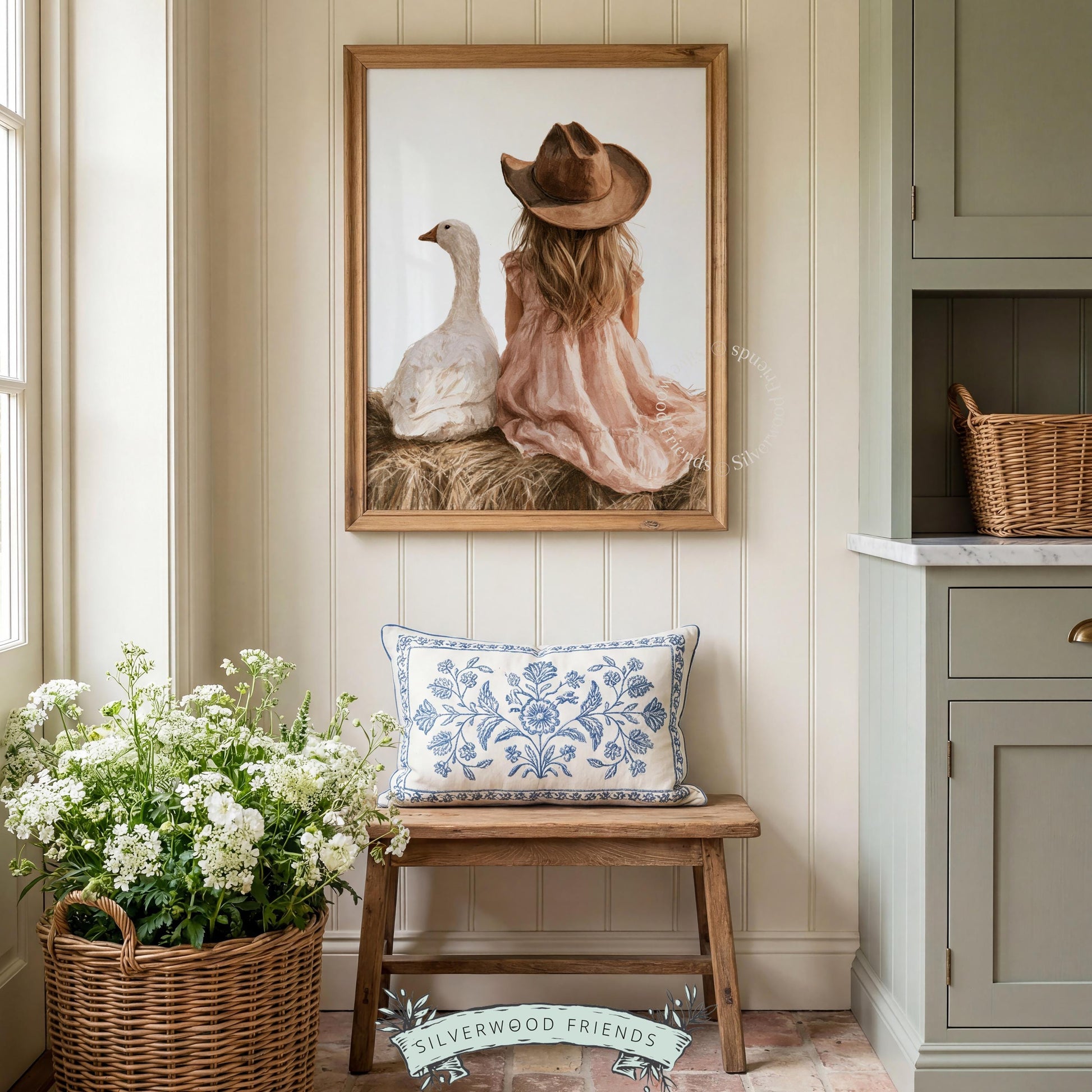 Goose companion wall decor printable for crib room — gentle cottagecore illustration, quiet mood