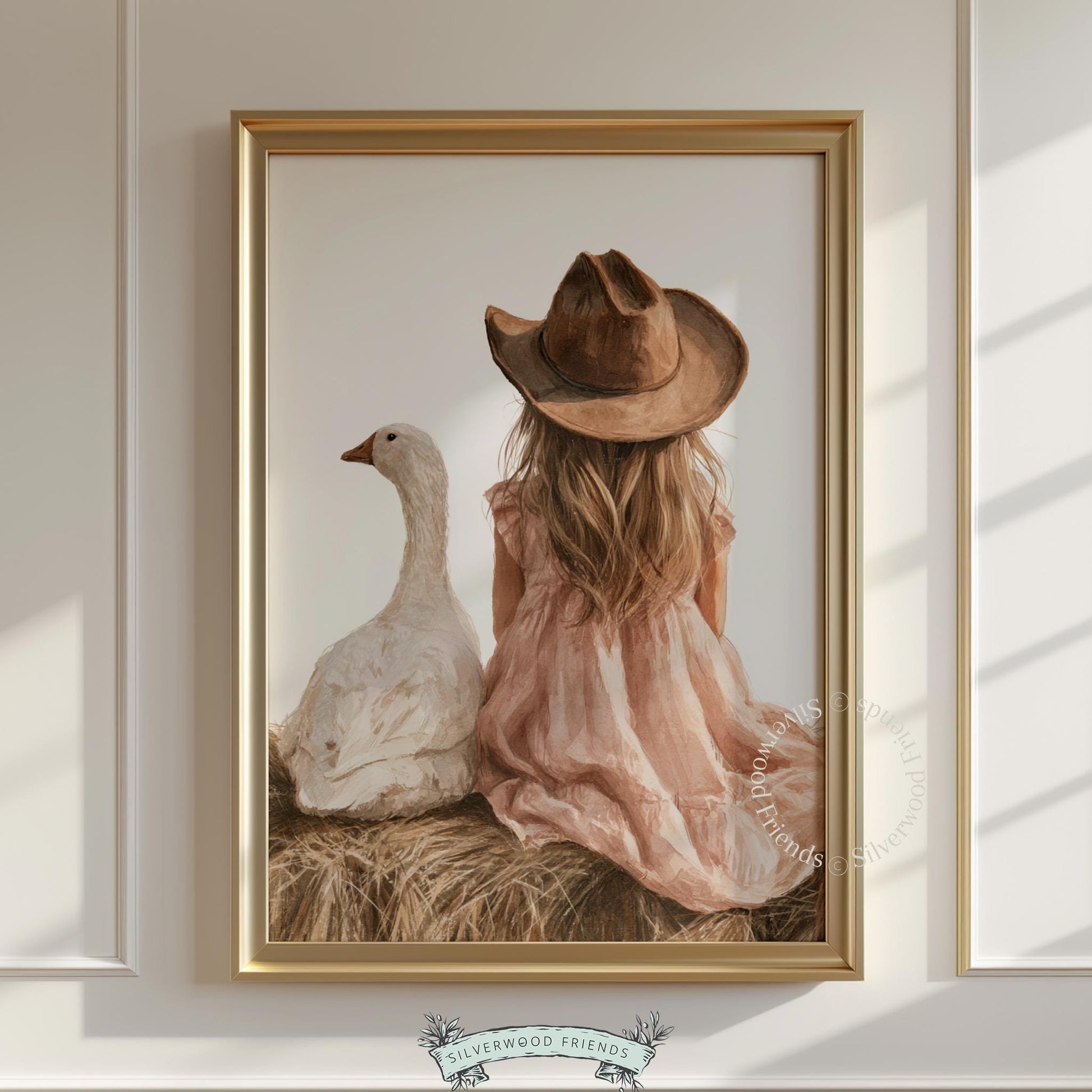 Cowgirl toddler room poster featuring girl and bird — warm neutral tones, hay bale setting