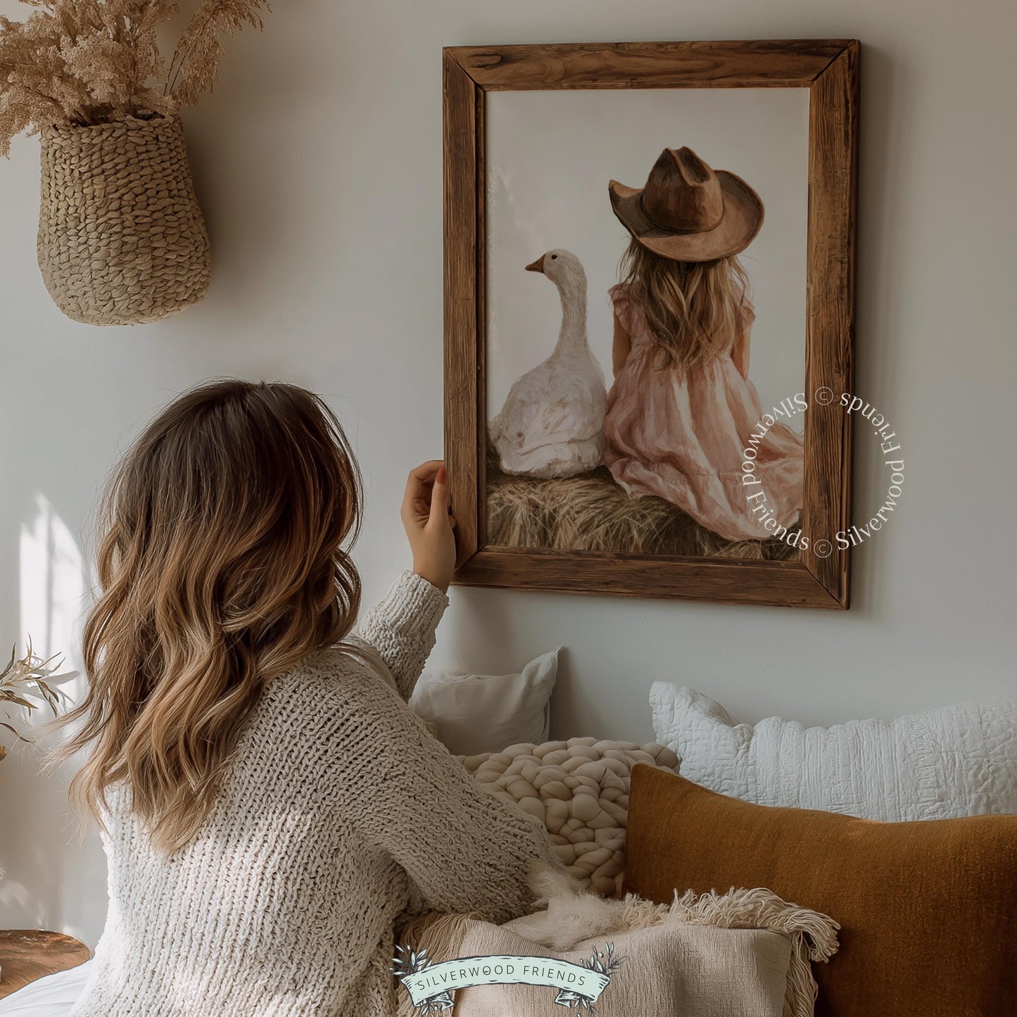 Girl and goose wall art printable for nursery — soft farmhouse aesthetic with warm muted tones