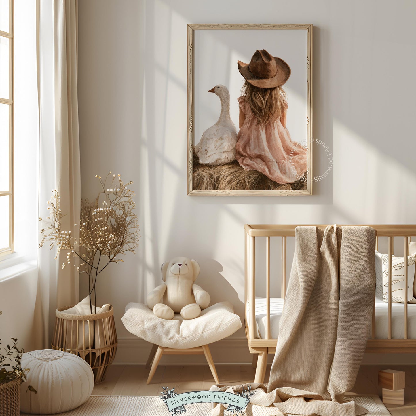 Farmhouse animal picture instant download — girl sitting on hay with goose, storybook mood