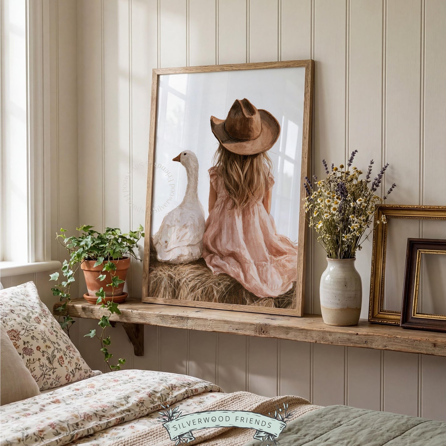 Western baby room print featuring girl and goose — peaceful pastoral artwork, muted warm colors