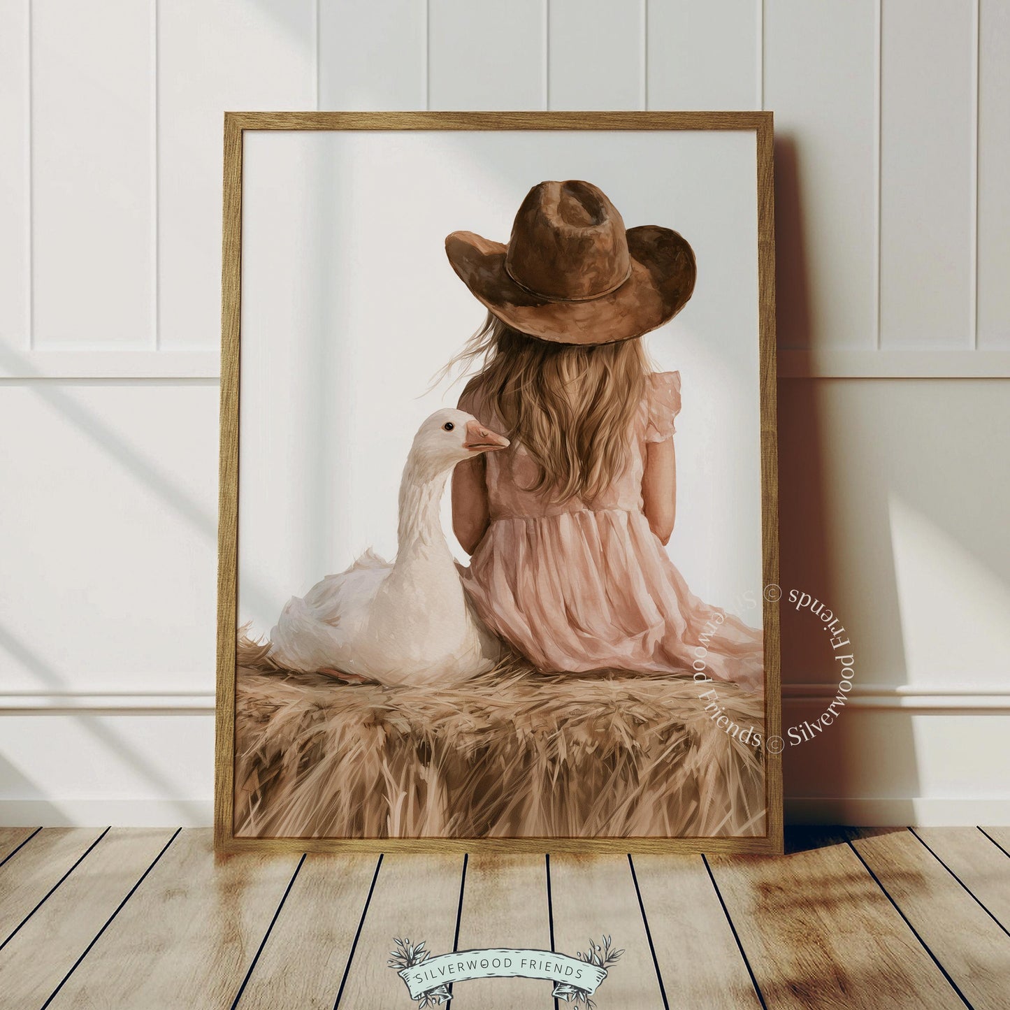Girl and white goose poster for toddler room — gentle watercolor illustration with cozy farmhouse charm