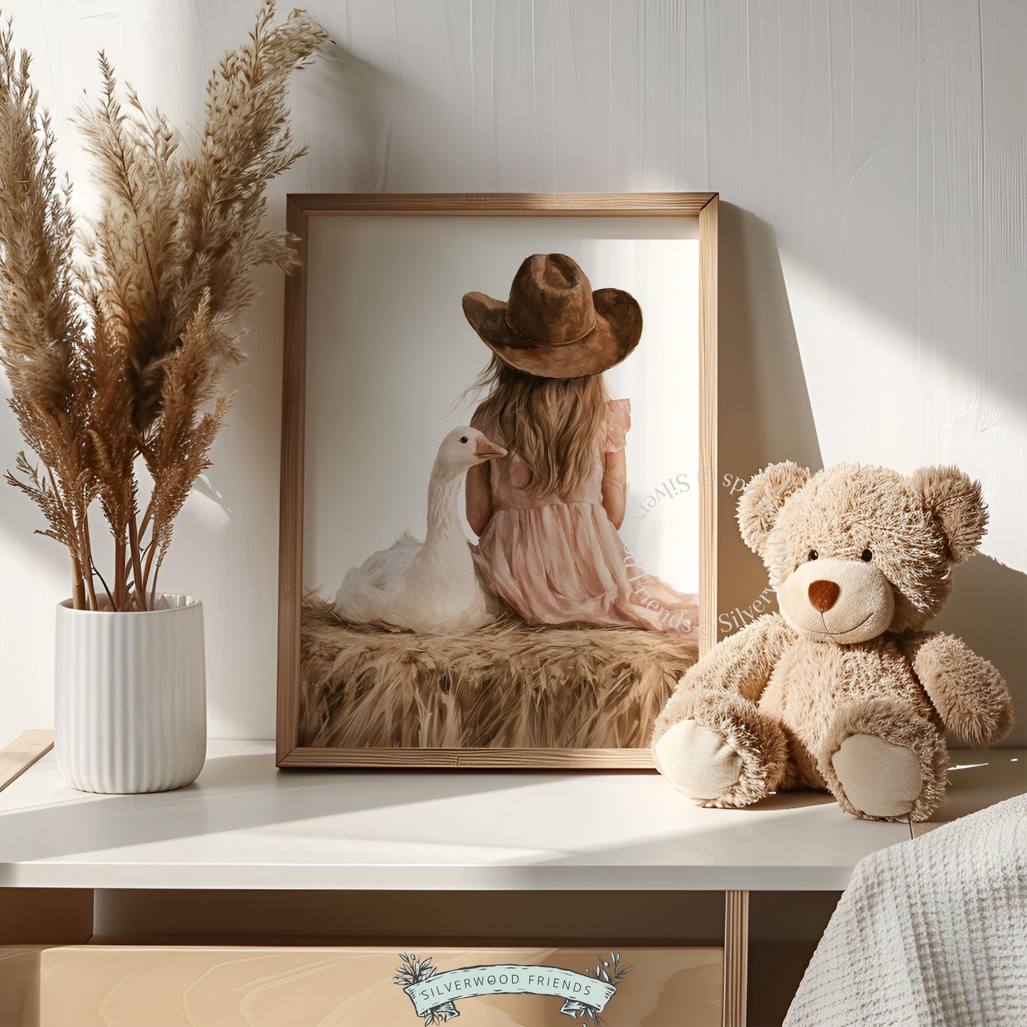 Cowgirl holding goose digital print for kids' bedroom — sweet pastoral artwork in warm peachy and earthy hues
