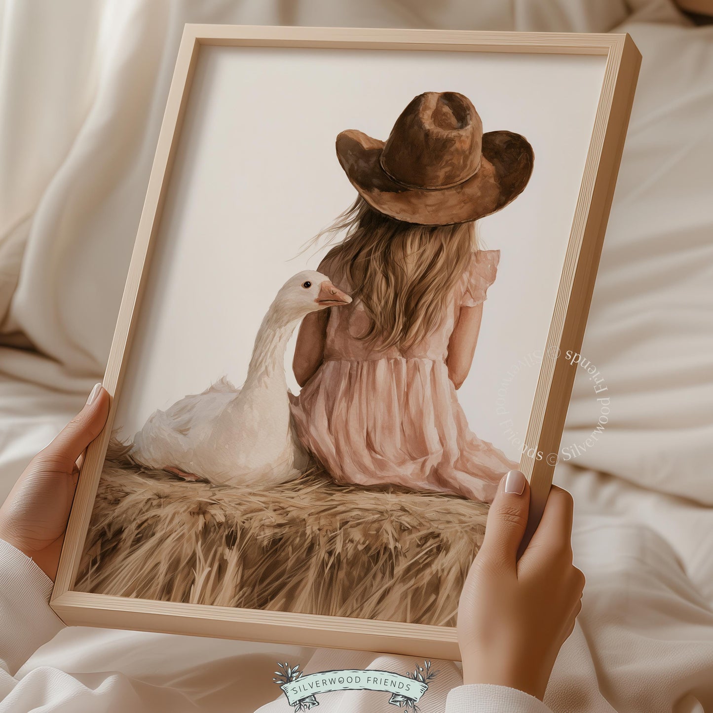Blonde cowgirl artwork for nursery — watercolor painting of girl beside white goose in country setting