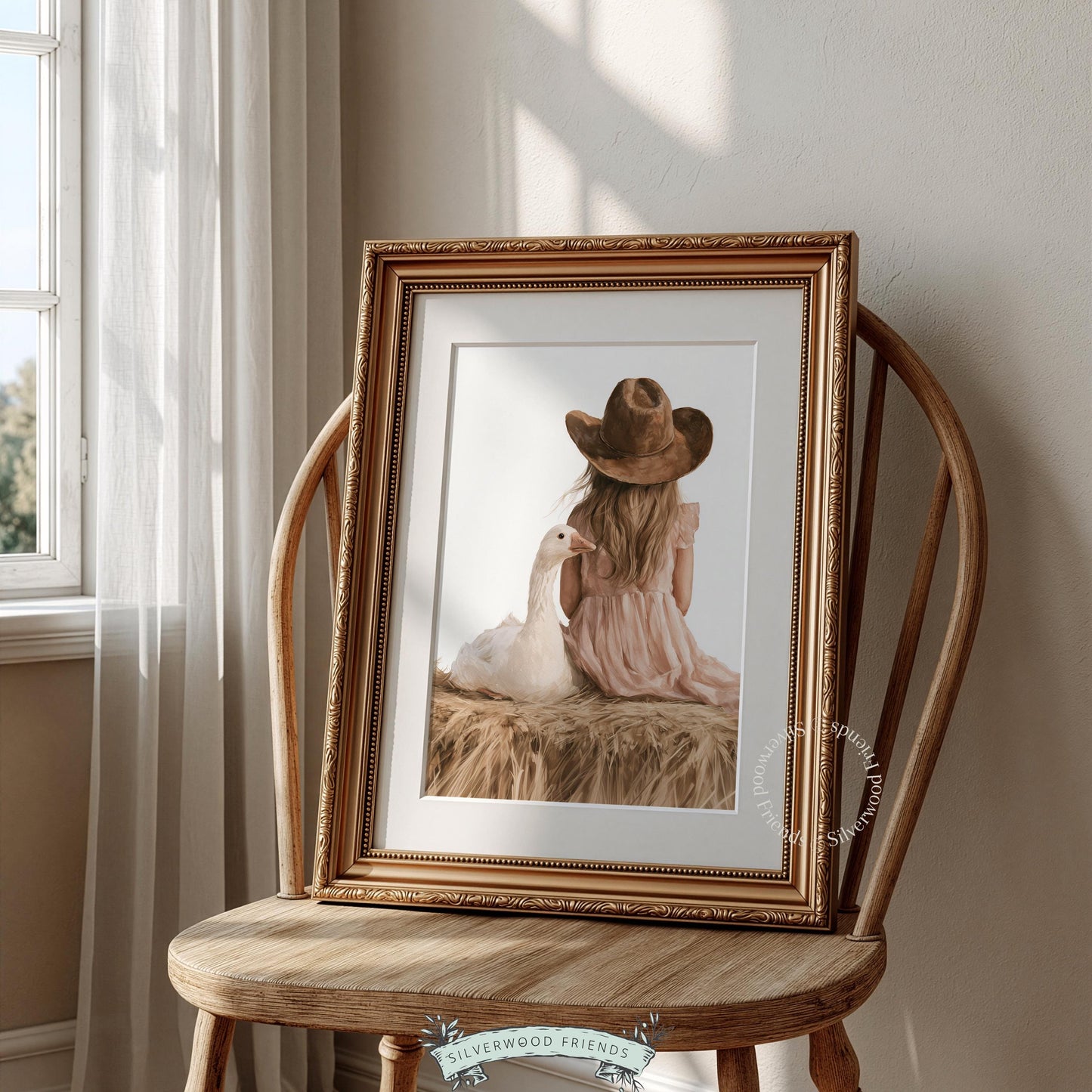 Young girl with waterfowl digital art for kids' space — gentle countryside illustration in warm, muted color scheme