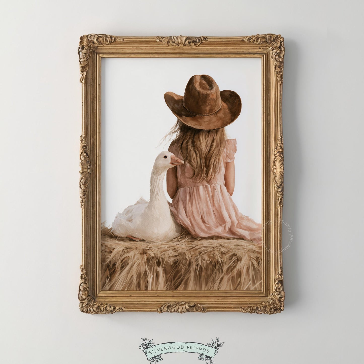 Child seated with farm goose art print for bedroom — peaceful watercolor landscape with sweet, nurturing countryside feel