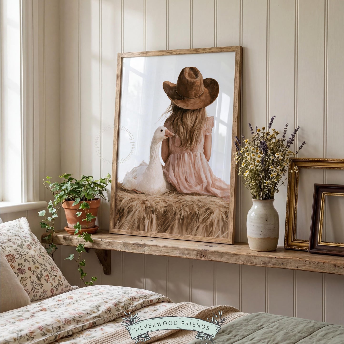Cowgirl on hay bale picture for baby décor — tender watercolor scene featuring child and goose in farmhouse style