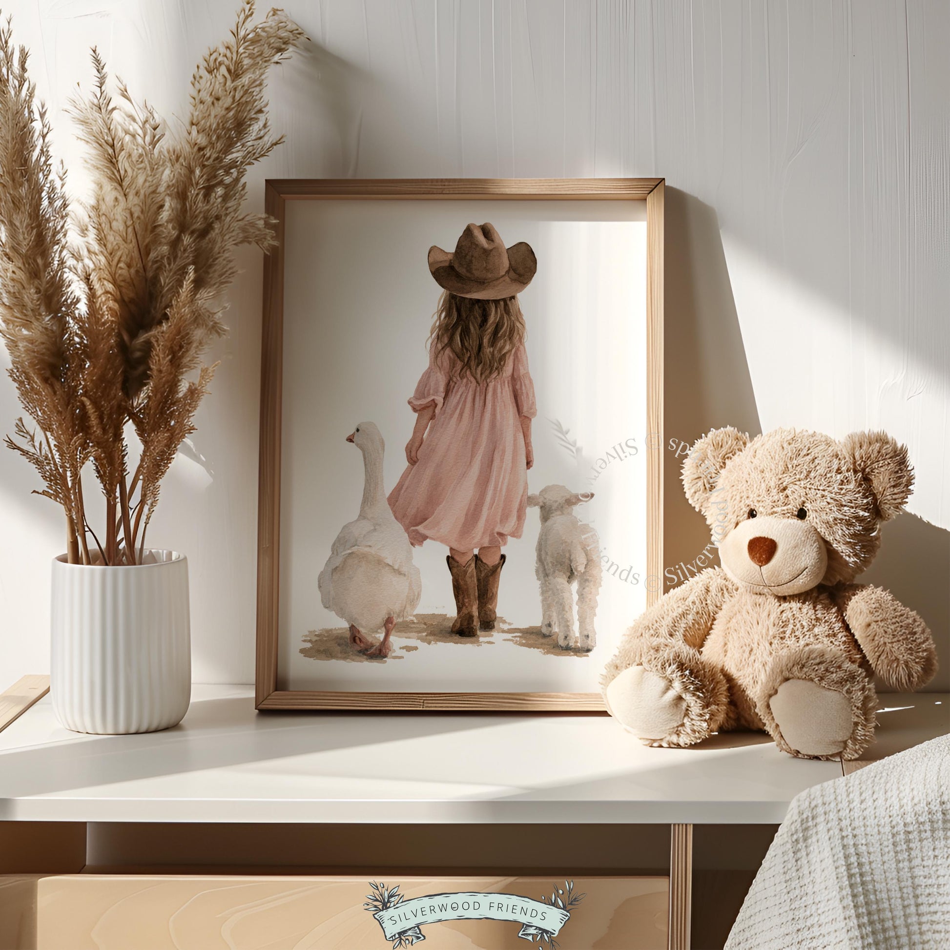 Sweet countryside scene poster for nursery — precious cowgirl walking with livestock in soft, painterly aesthetic