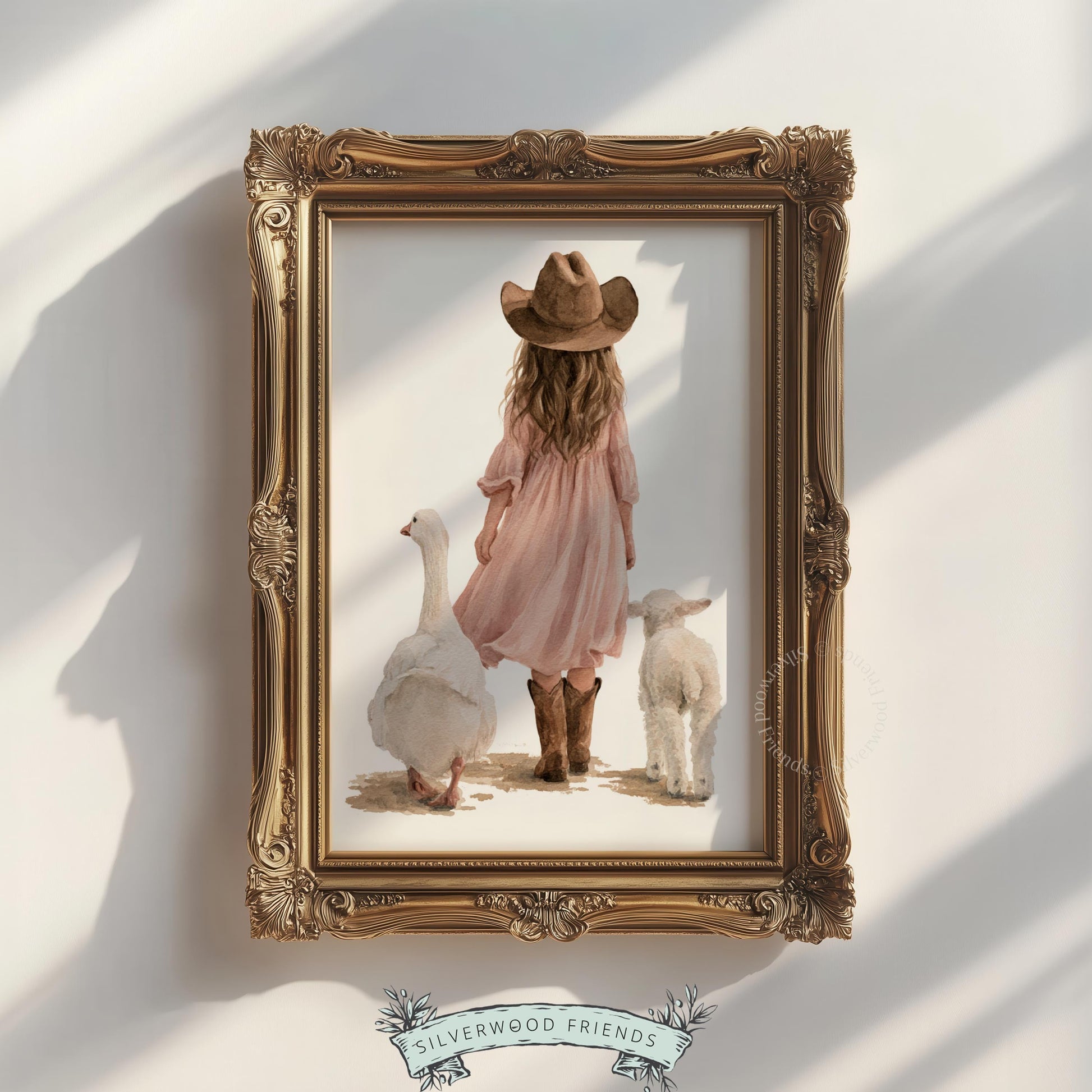 Farm animal companion picture printable for kids bedroom — adorable western scene in creamy, warm color palette