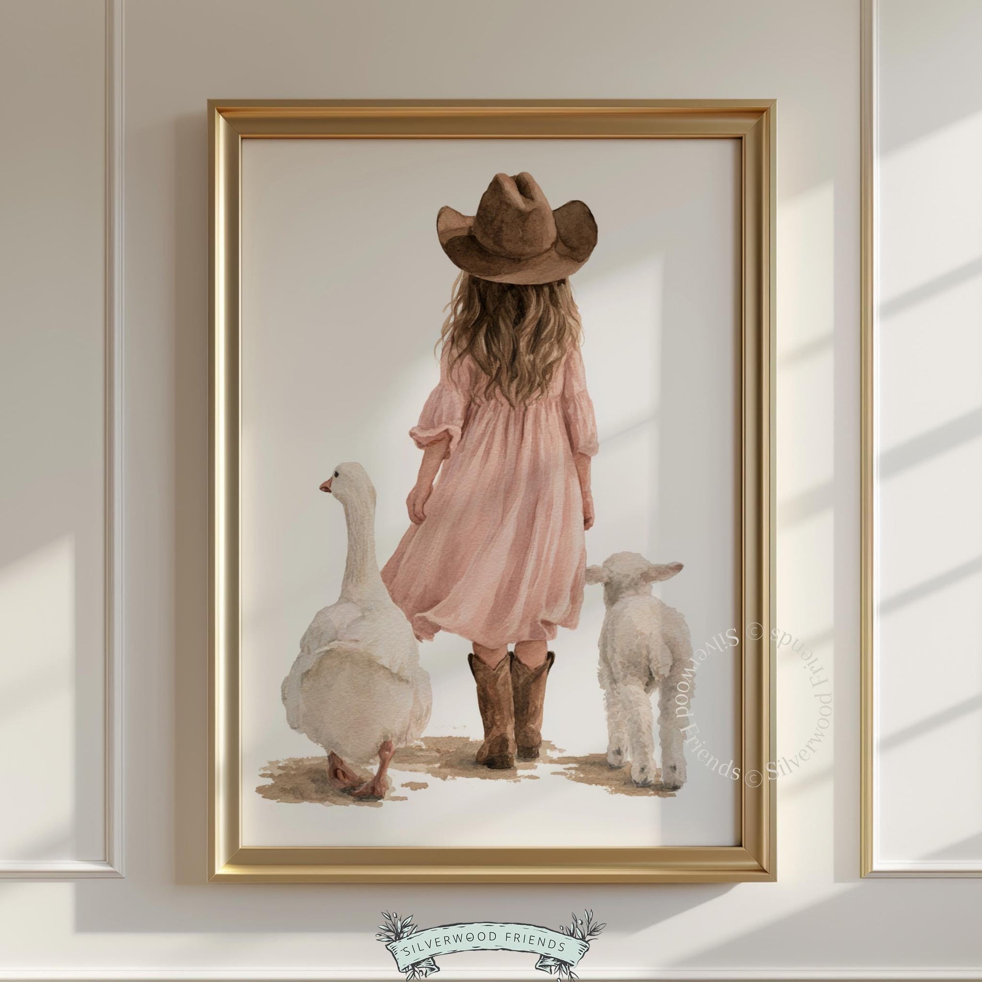 Cute country girl printable picture for toddler room — cozy barn-inspired scene with animal companions and warm styling
