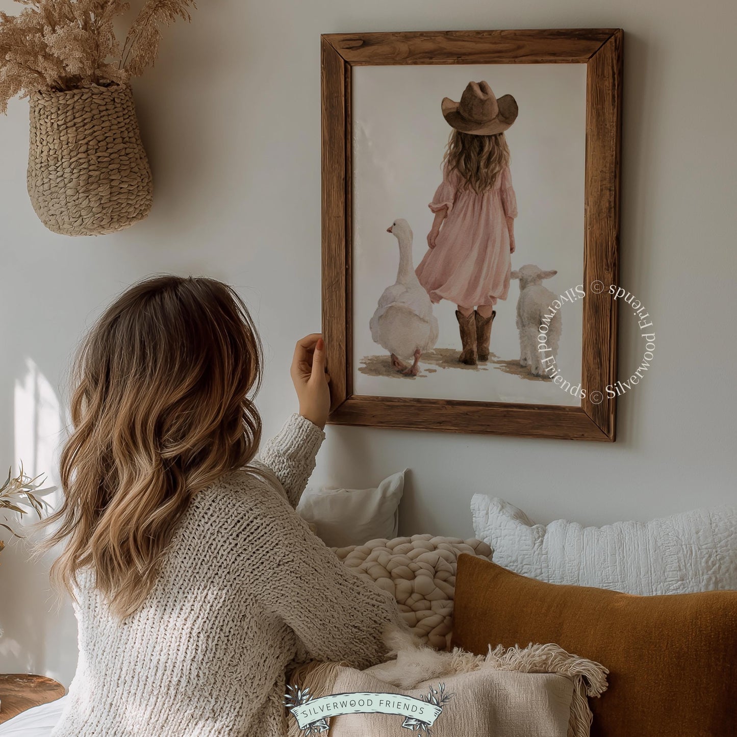 Cowgirl character with livestock instant download wall decor for nursery — peaceful countryside mood in gentle tones