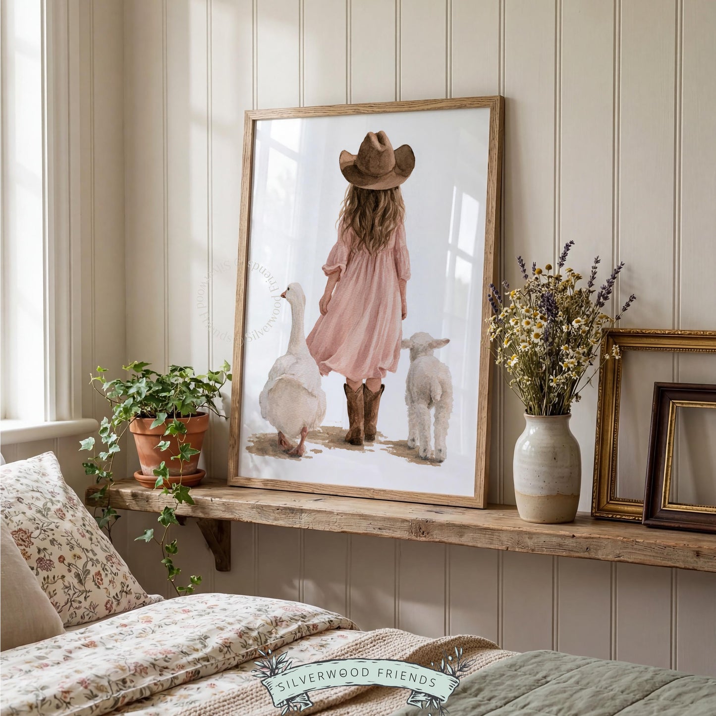 Western-themed children's wall print for baby bedroom — gentle watercolor girl with pastoral animals in cream tones