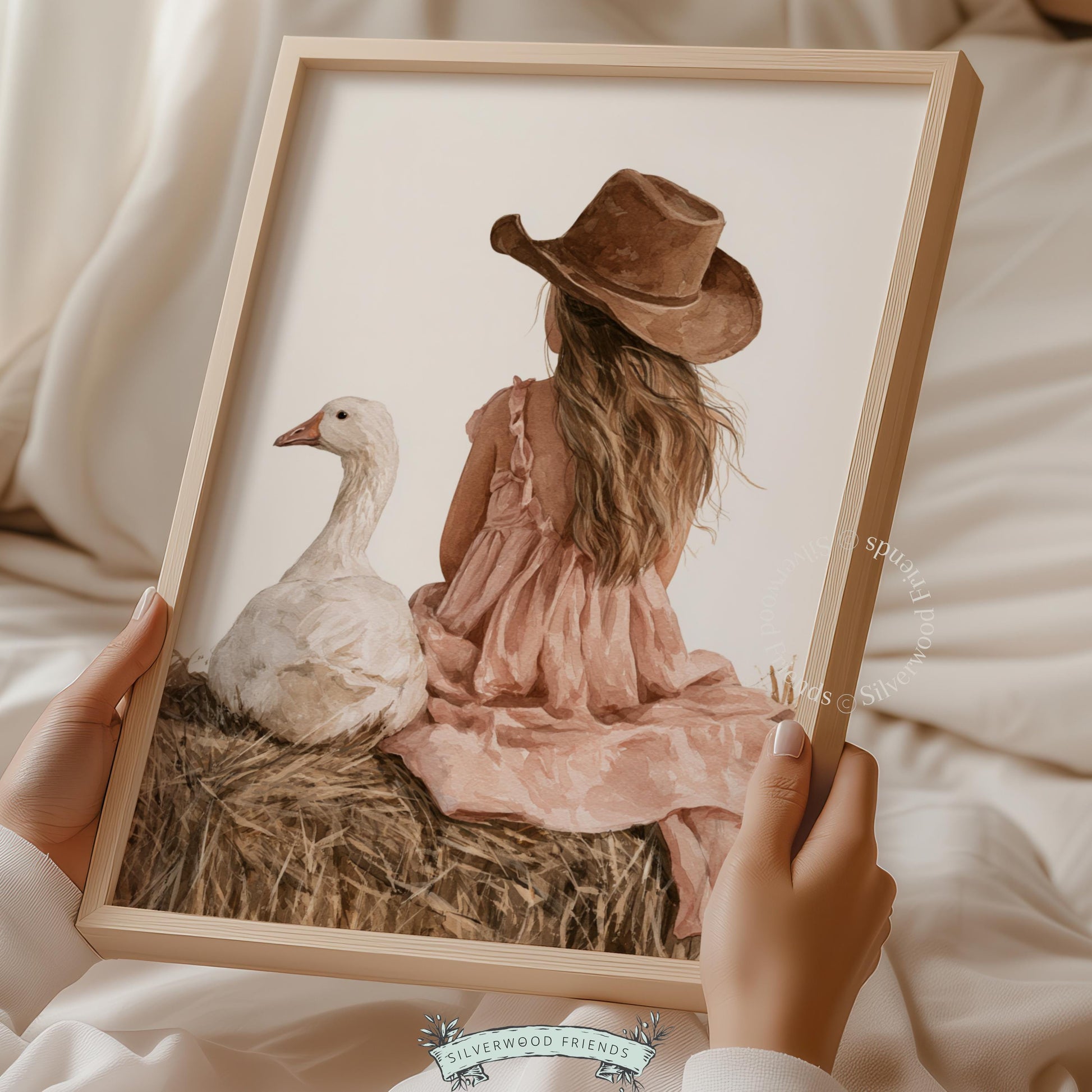 Country girl and bird wall decor for toddler room — peachy dress, rustic hay setting