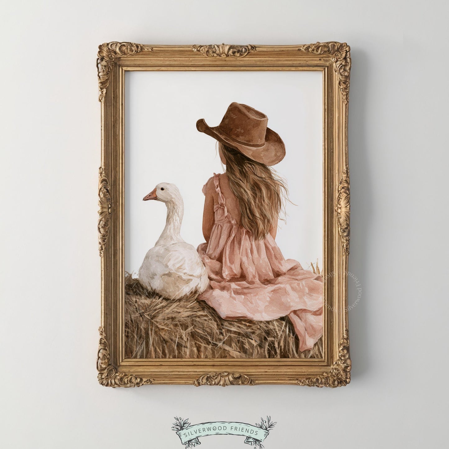 Girl with waterfowl instant download wall art for baby room — cottagecore, peaceful countryside