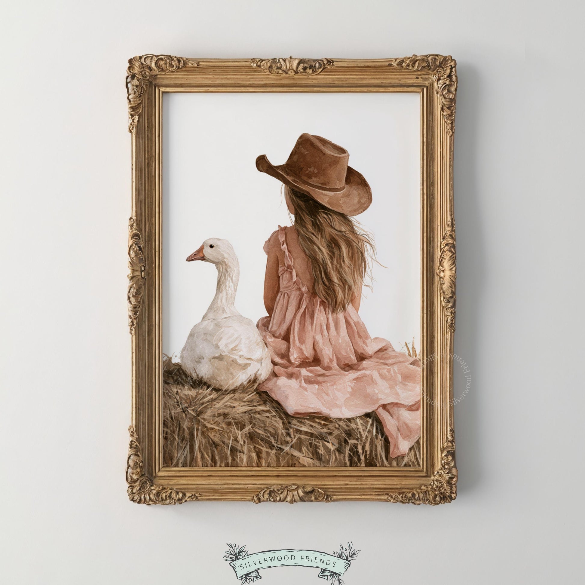 Girl with waterfowl instant download wall art for baby room — cottagecore, peaceful countryside