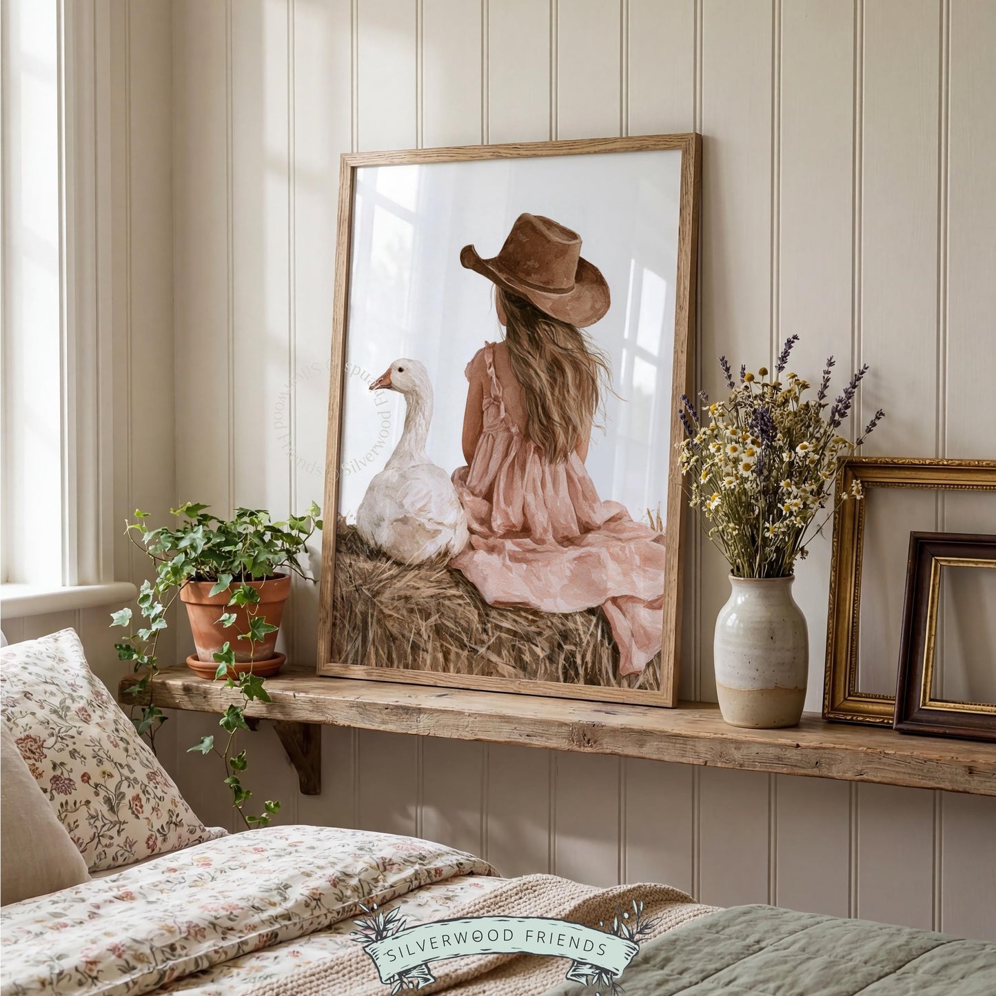 Farmstead child portrait digital download for playroom — soft rustic palette, gentle mood