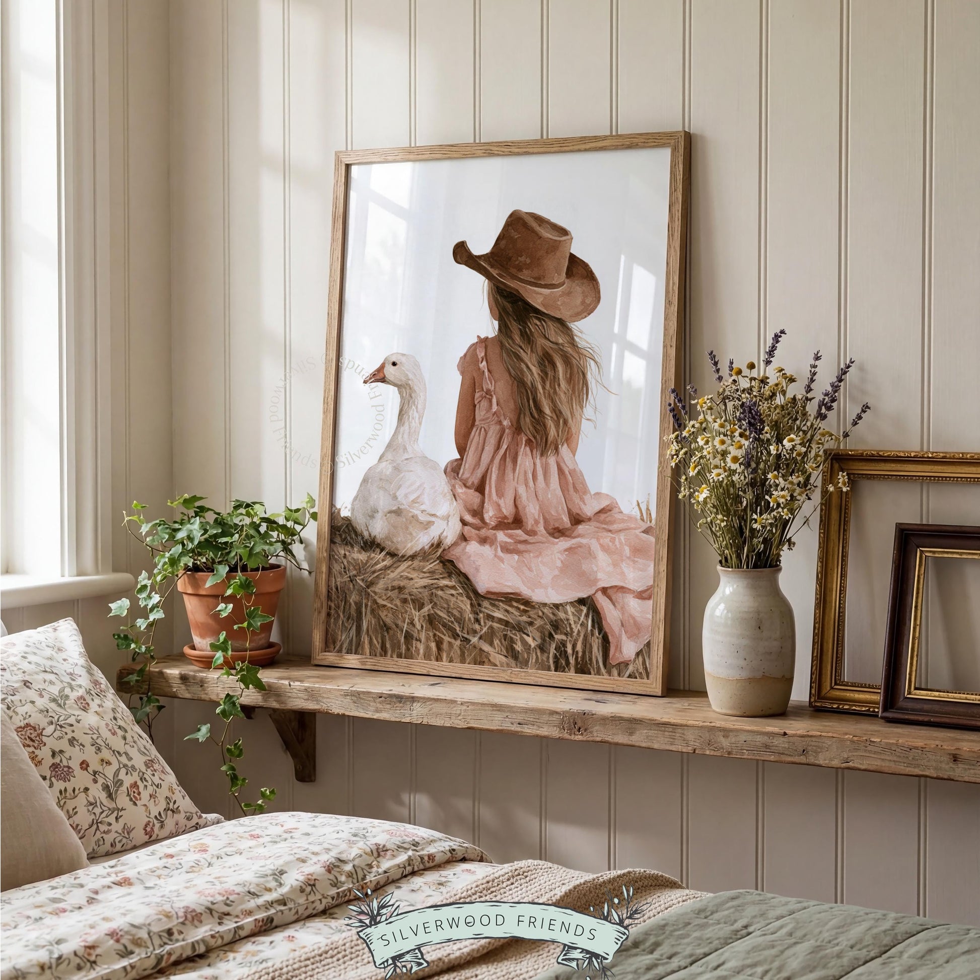 Farmstead child portrait digital download for playroom — soft rustic palette, gentle mood