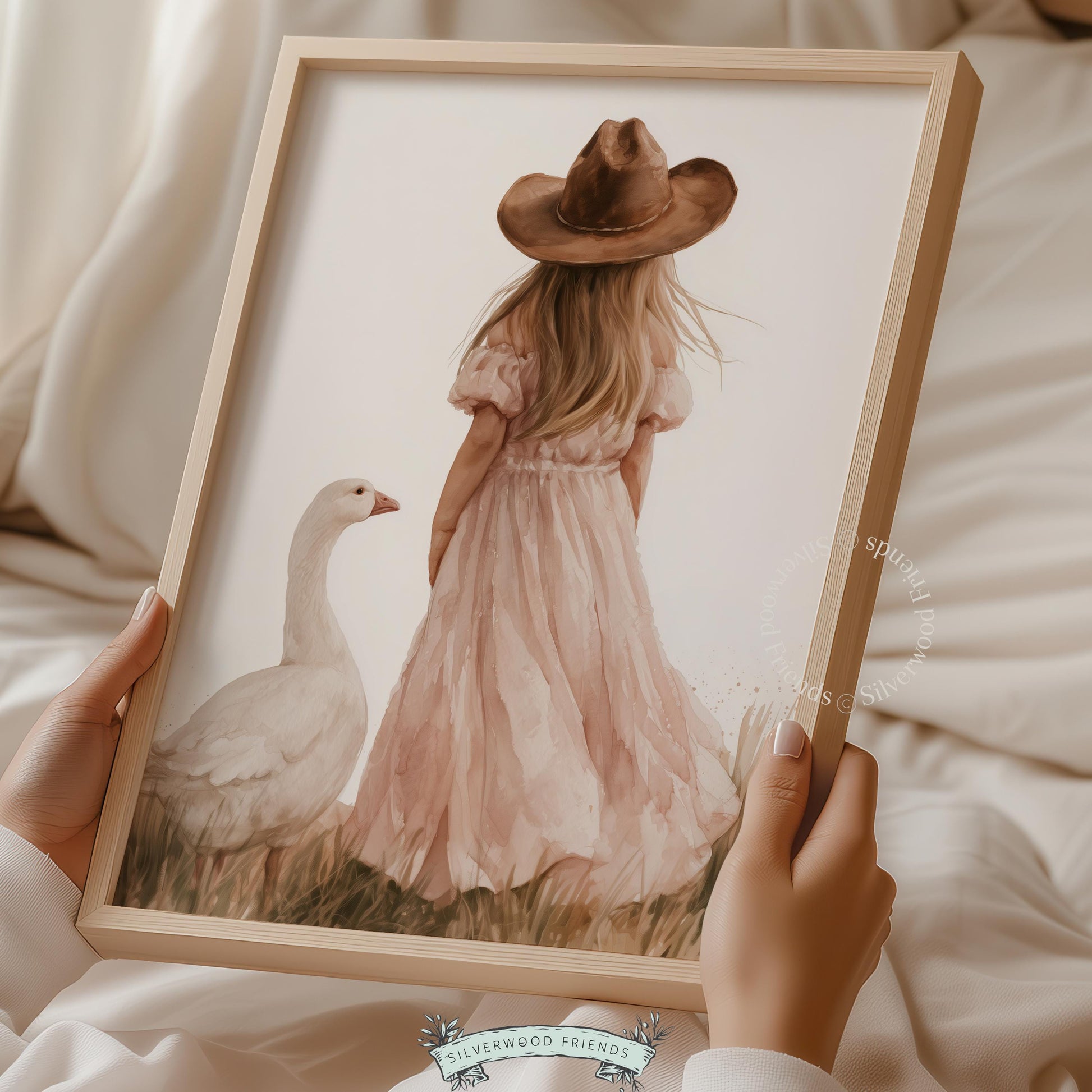 Blonde girl in pink dress wall art for baby room — meadow scene with goose and rustic appeal