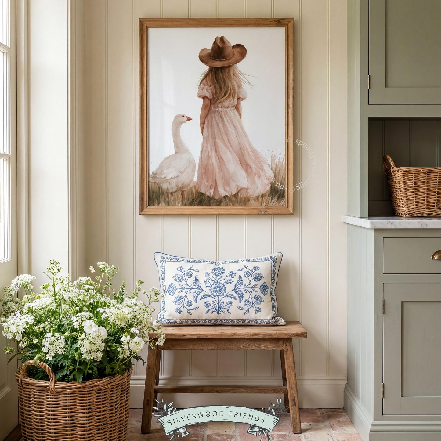 Silly goose playroom decor featuring girl character wall art — soft dreamy illustration style