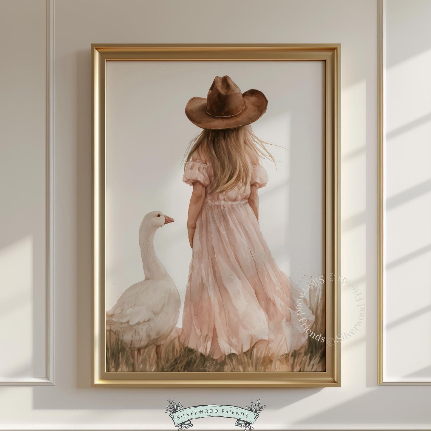 Girl with farmyard bird wall art for western baby room — warm golden tones and sweet pastoral mood