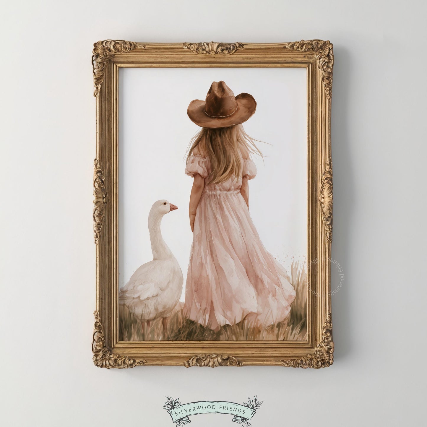 Child wearing cowgirl hat digital artwork for kids space — peaceful countryside watercolor scene