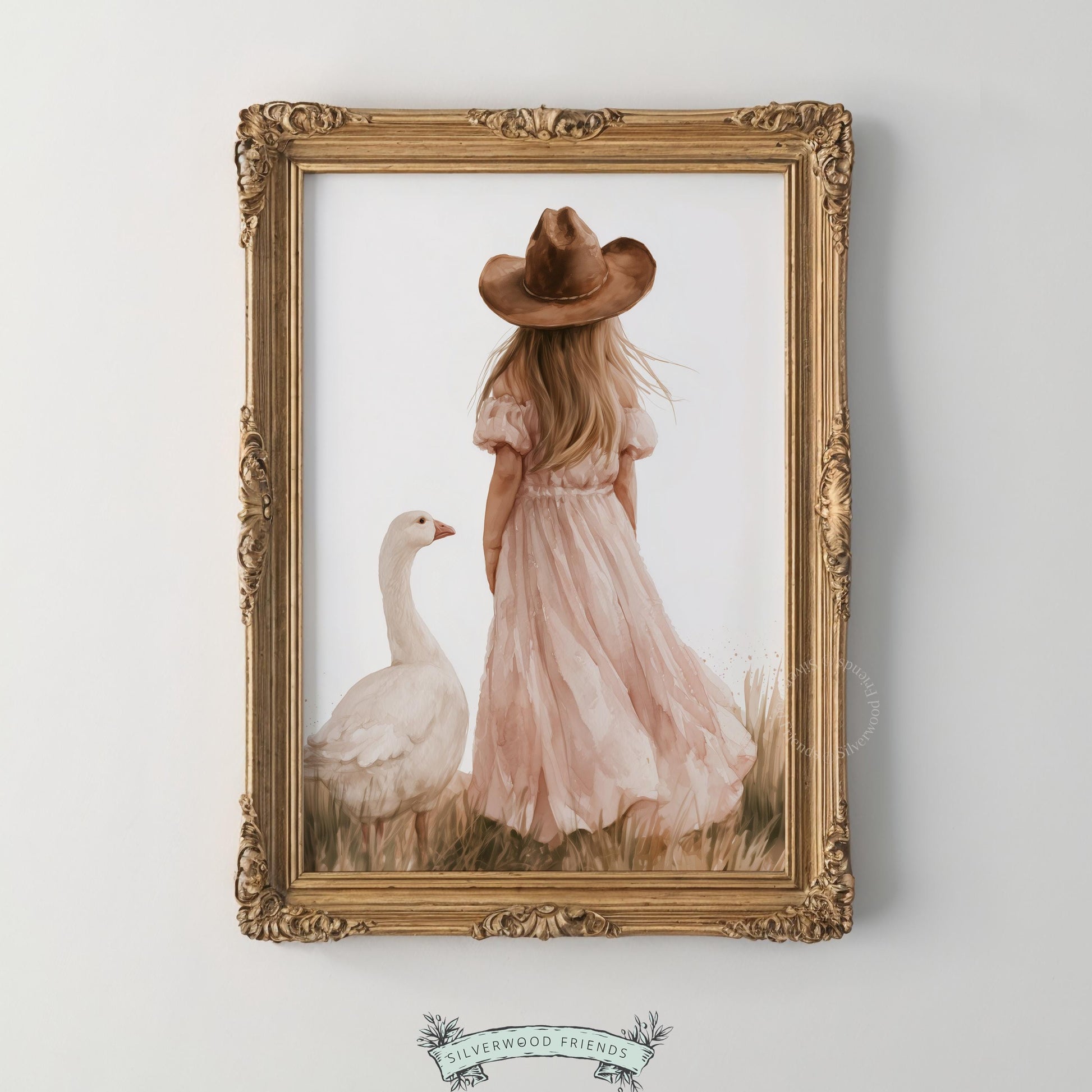 Child wearing cowgirl hat digital artwork for kids space — peaceful countryside watercolor scene