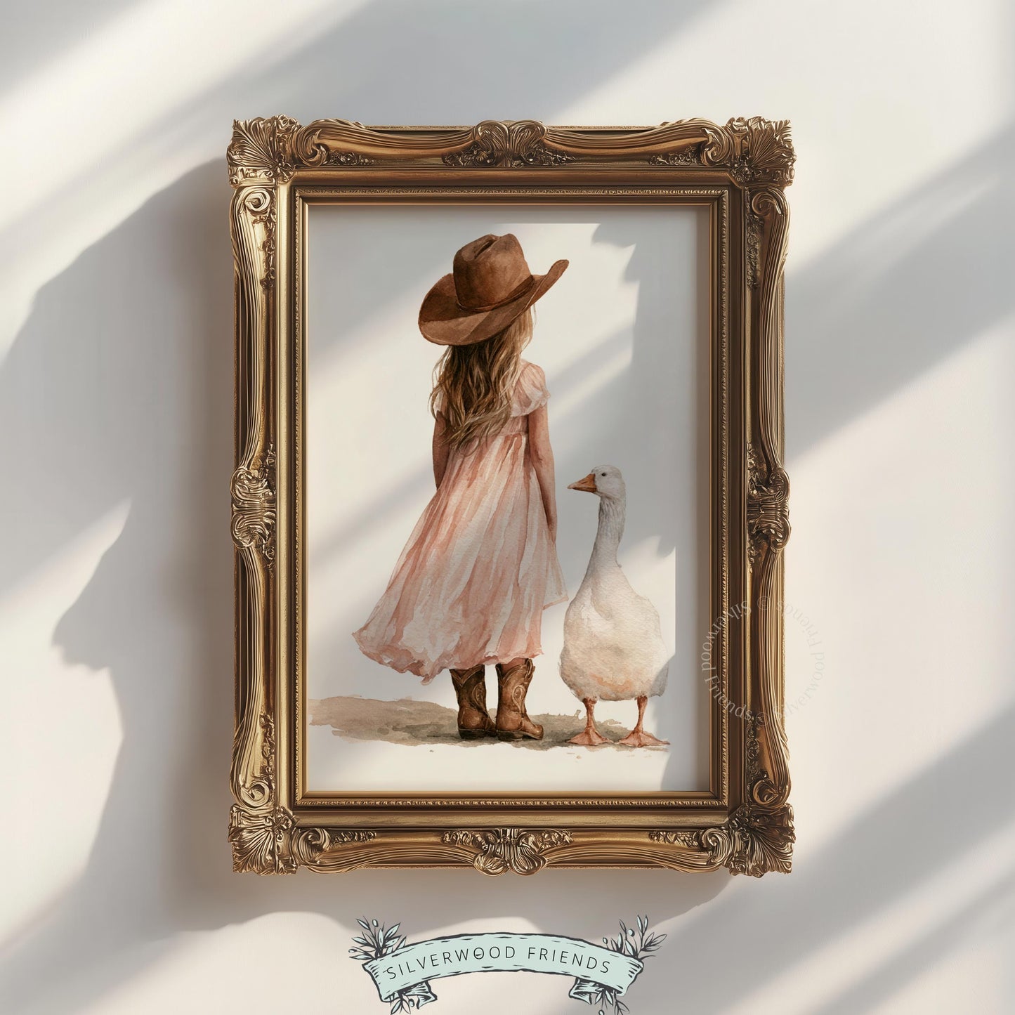 Girl with goose digital print for farmhouse nursery — warm pastel tones, loose painterly illustration