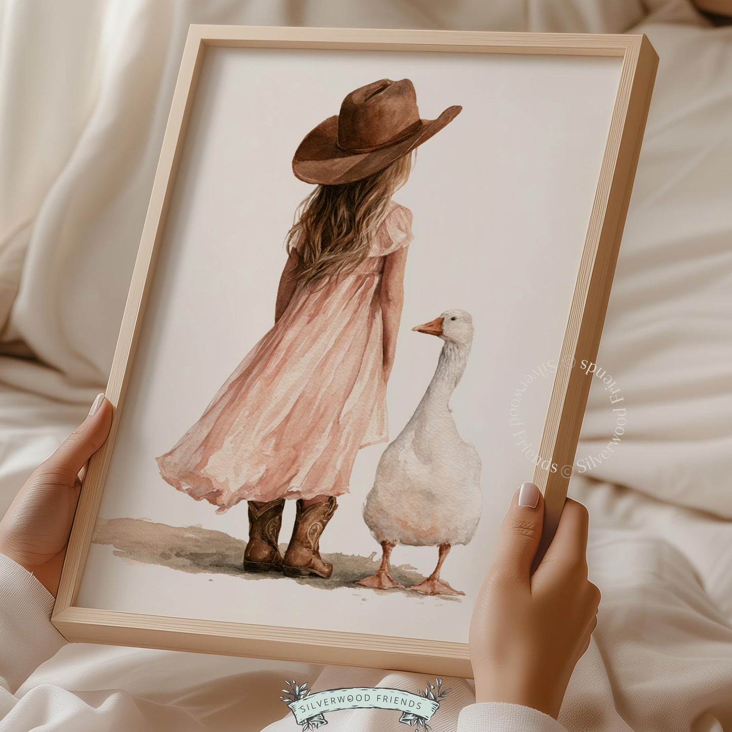 Western toddler room printable featuring girl in hat beside goose — warm farmhouse nursery art