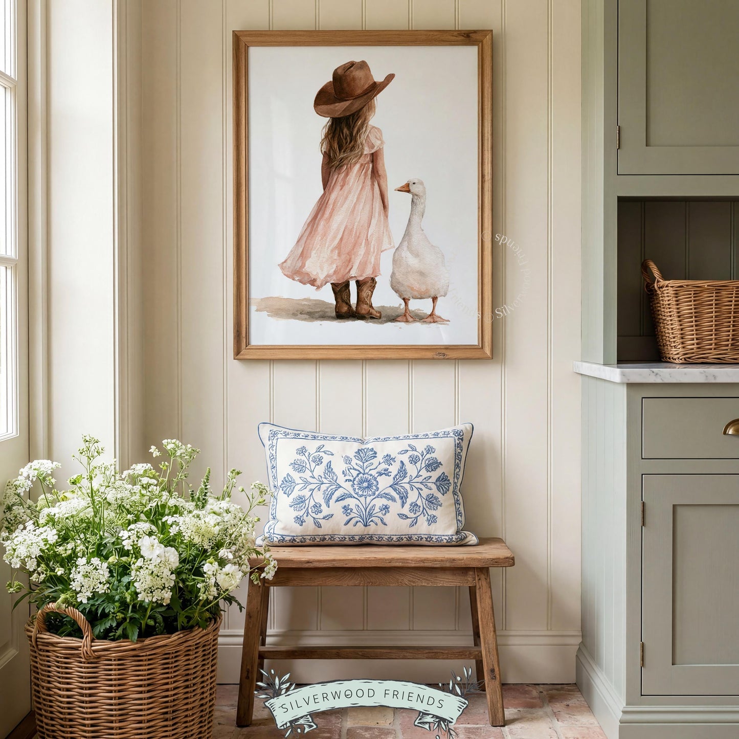 Silly goose picture wall art for baby room — girl in cowboy attire, peaceful pastoral watercolor scene