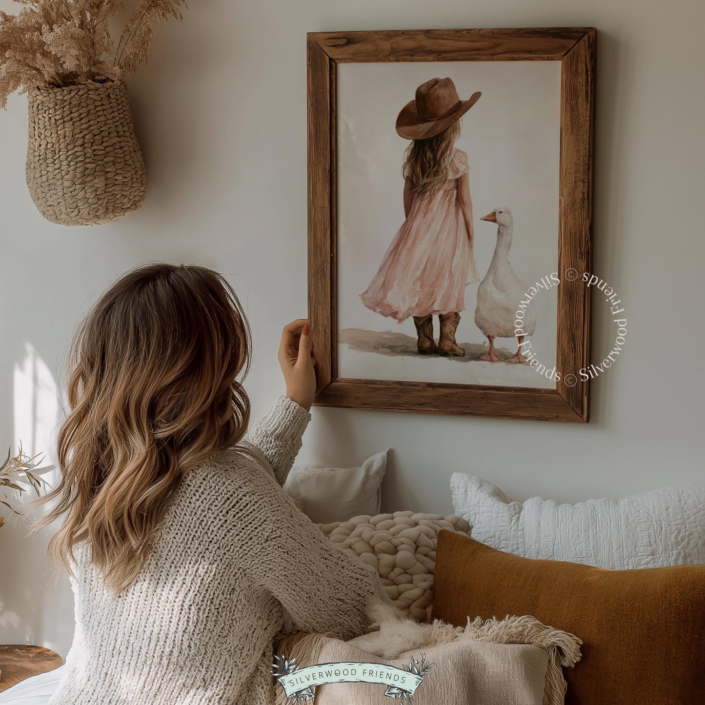 Blush pink dress cowgirl artwork for baby room — standing with white bird, cottagecore farmhouse feel