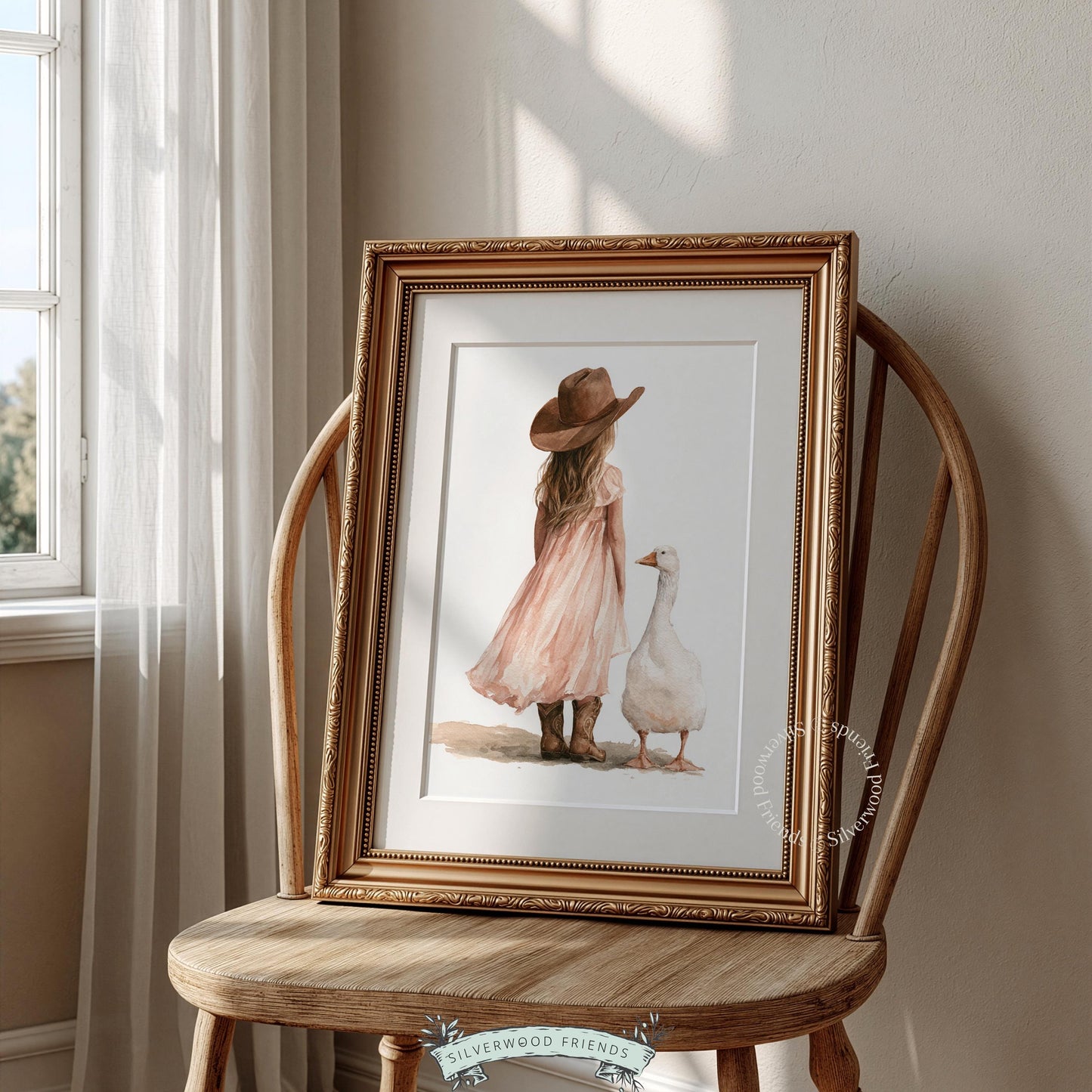 Little girl beside duck wall art for crib room — delicate watercolor, cottagecore country charm
