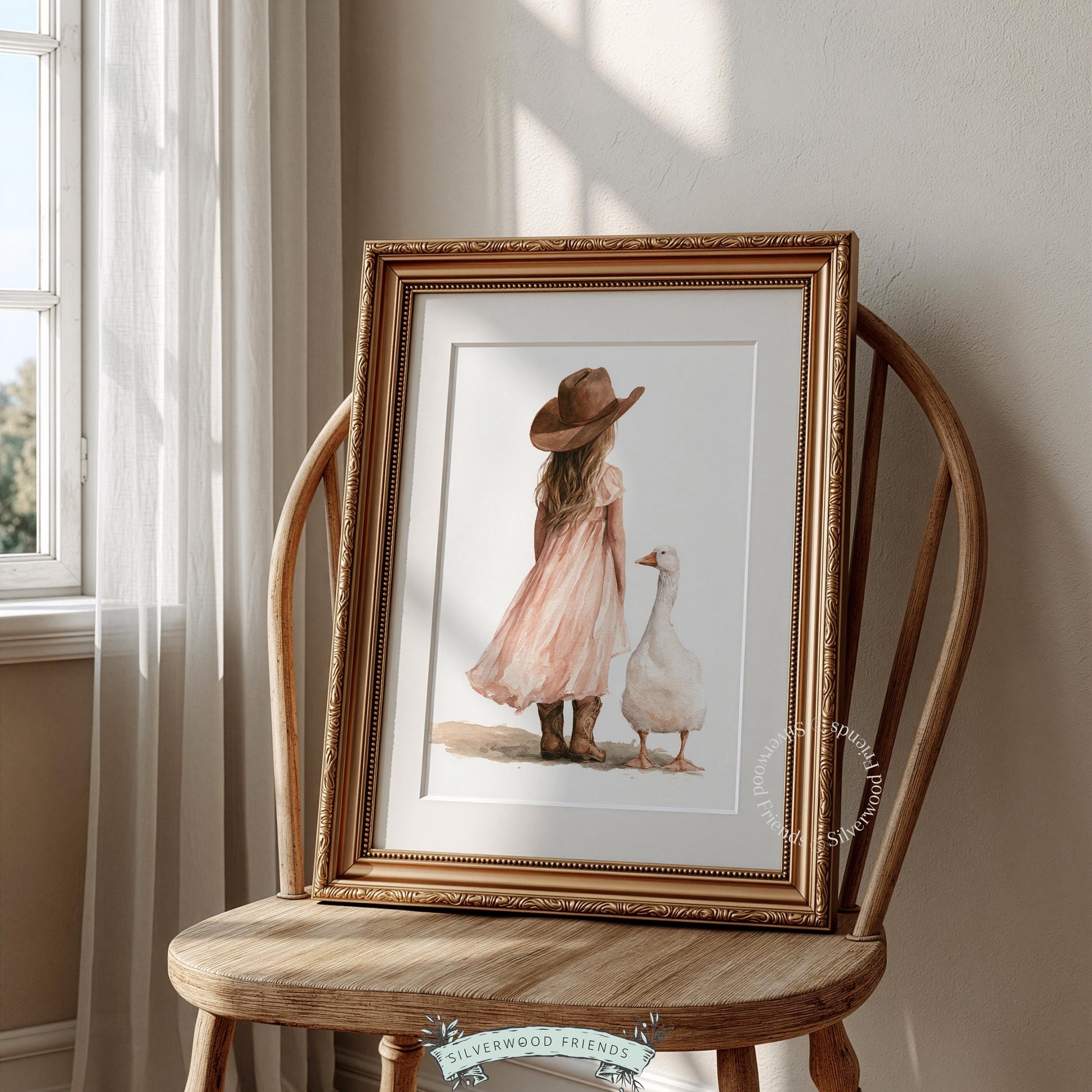 Little girl beside duck wall art for crib room — delicate watercolor, cottagecore country charm