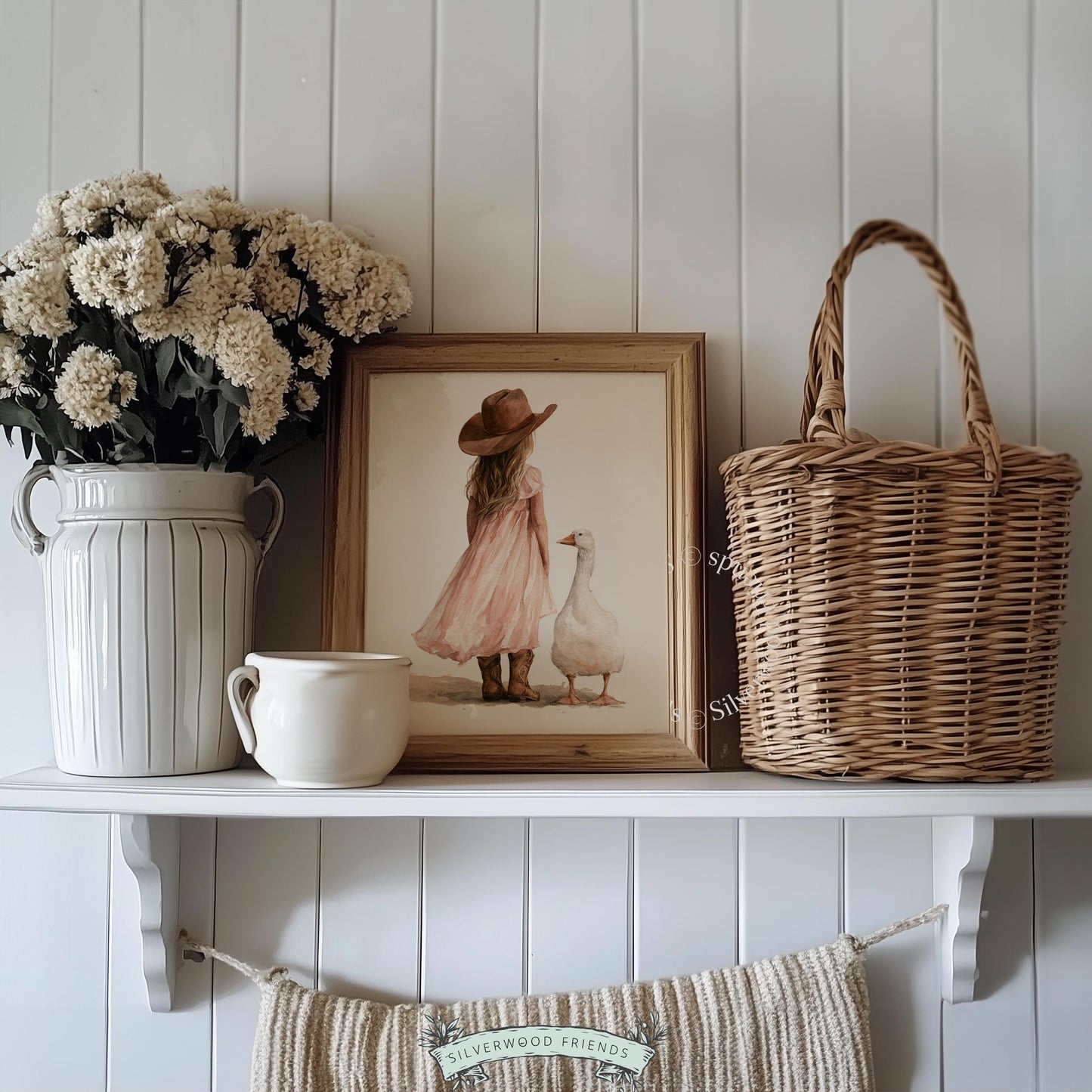 Child and waterfowl watercolor poster for baby room — soft brushwork cottagecore wall art design