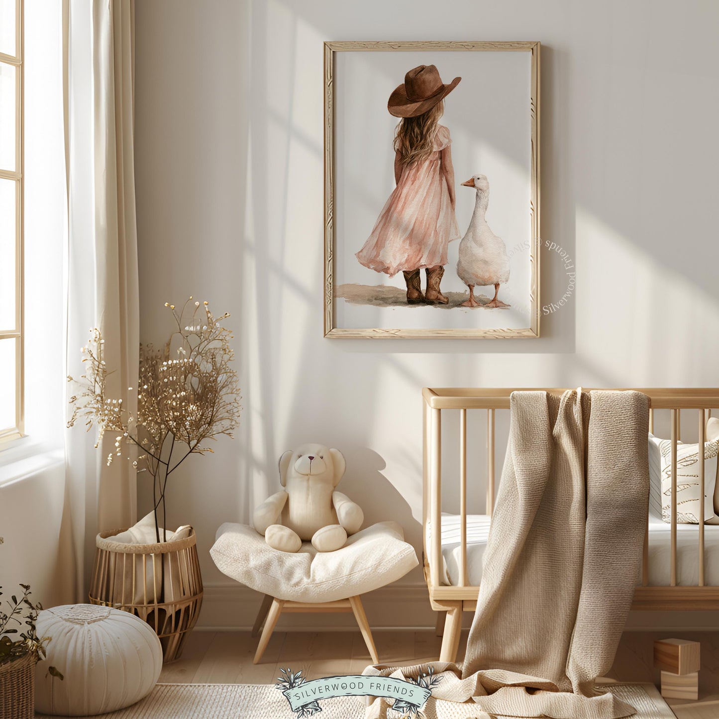 Cowgirl toddler wall print for kids room — girl in western boots beside goose, gentle storybook mood