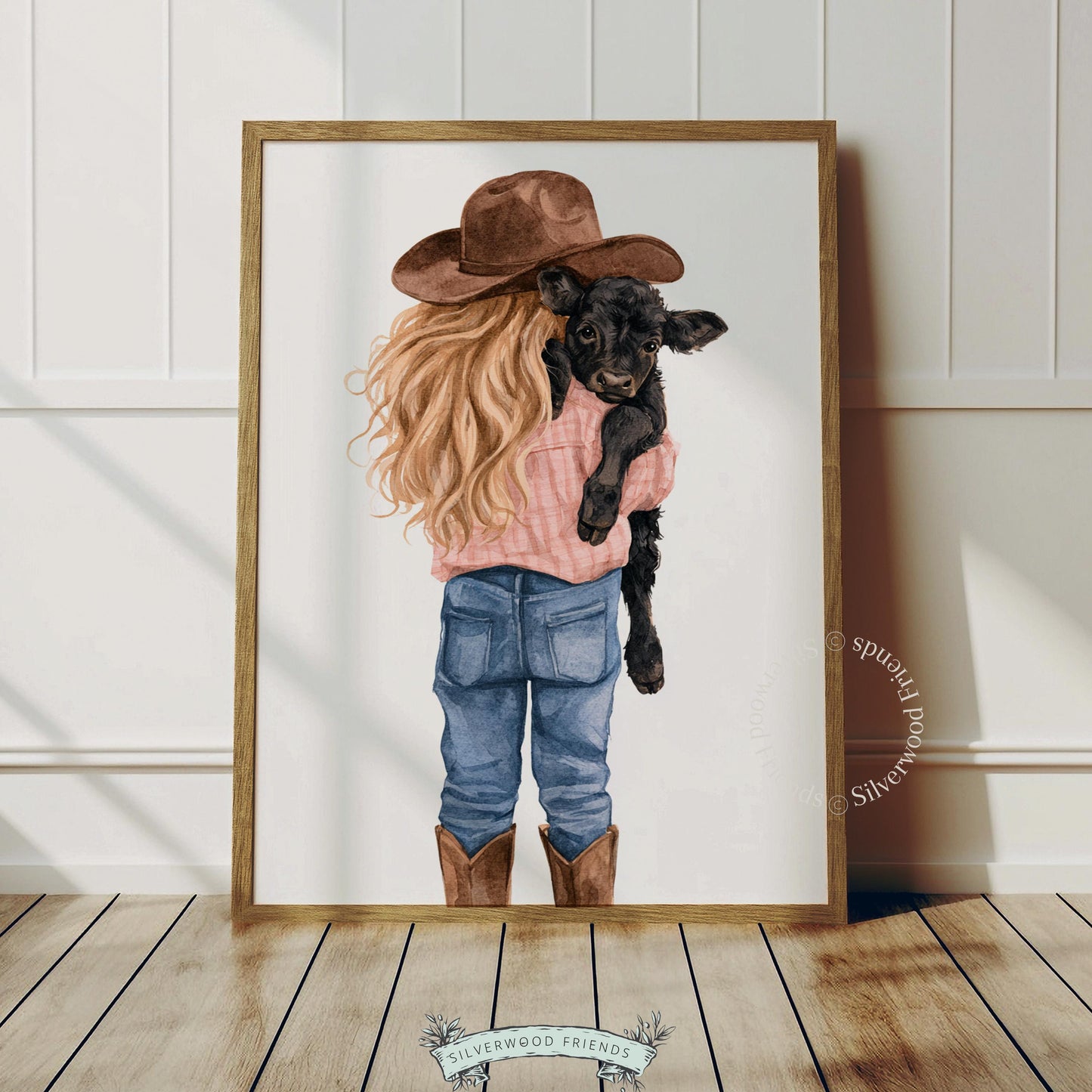 Child and black baby cow wall art instant download — soft watercolor illustration with gentle farmland charm