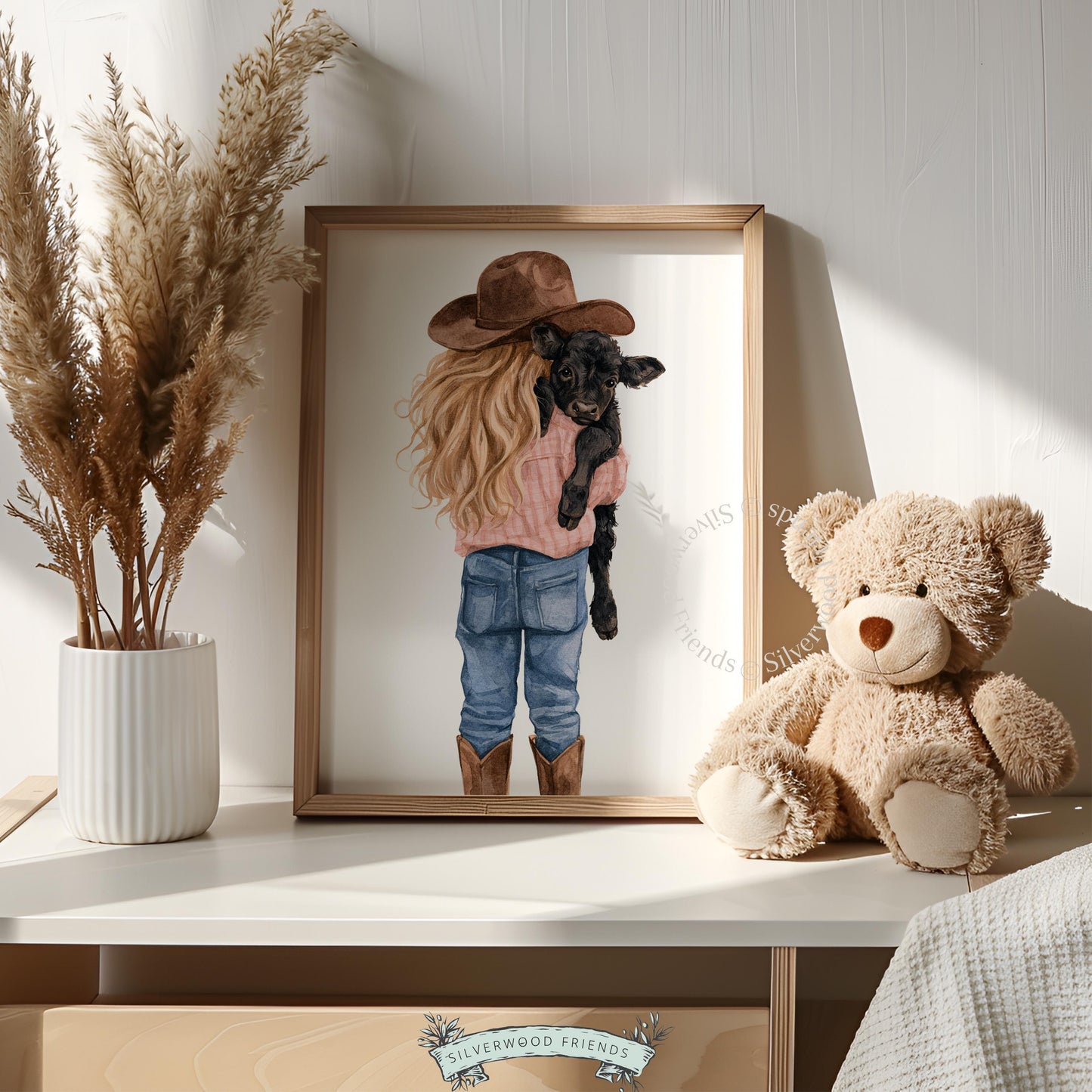 Little cowgirl holding black calf printable art for nursery — watercolor farmhouse illustration with sweet charm