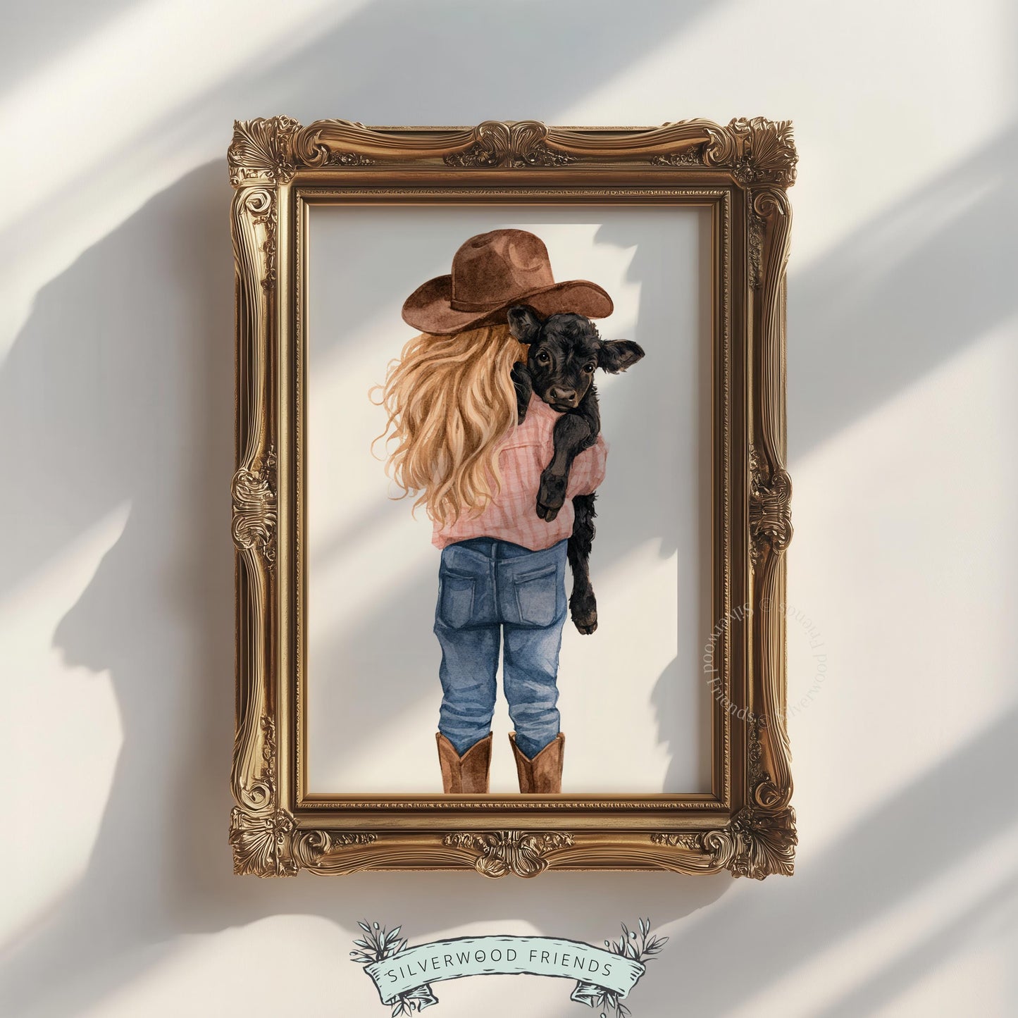 Young rancher girl and black calf poster art for western bedroom — soft watercolor countryside animal scene
