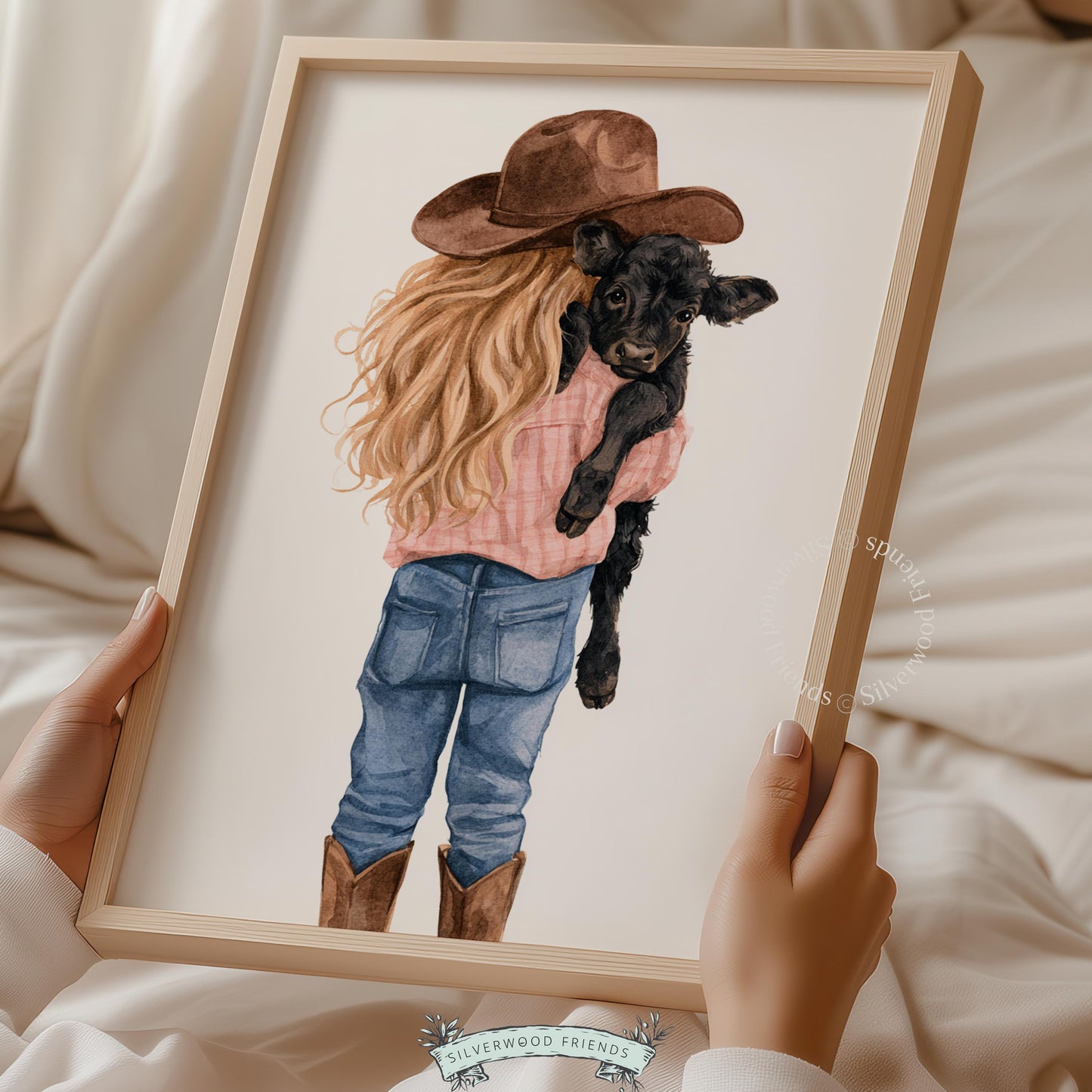 Cowgirl from behind with baby cow gallery wall art for kids — tender watercolor pastoral countryside scene