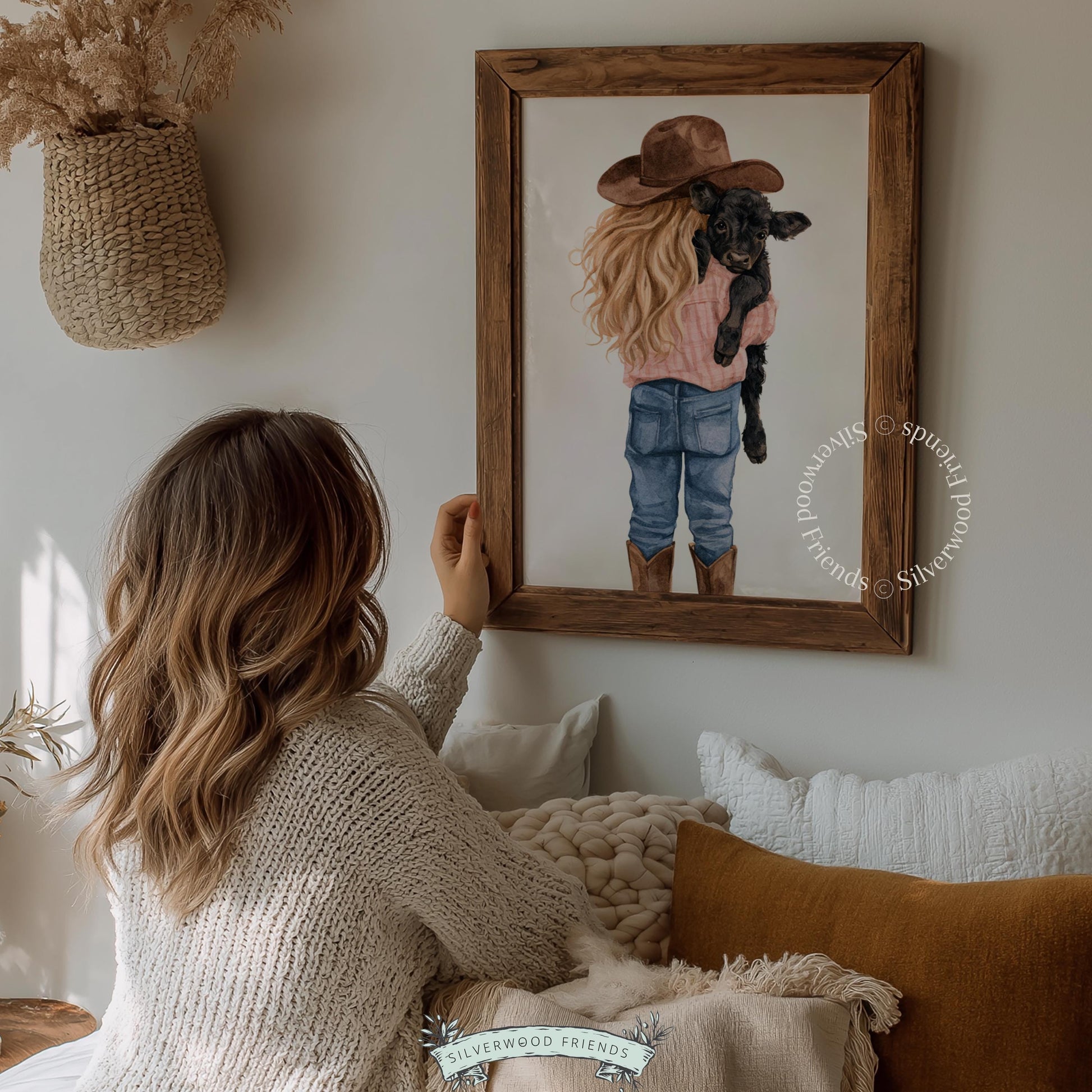 Child cradling black calf picture printable decor for farm nursery — whimsical watercolor with cozy ranch feeling