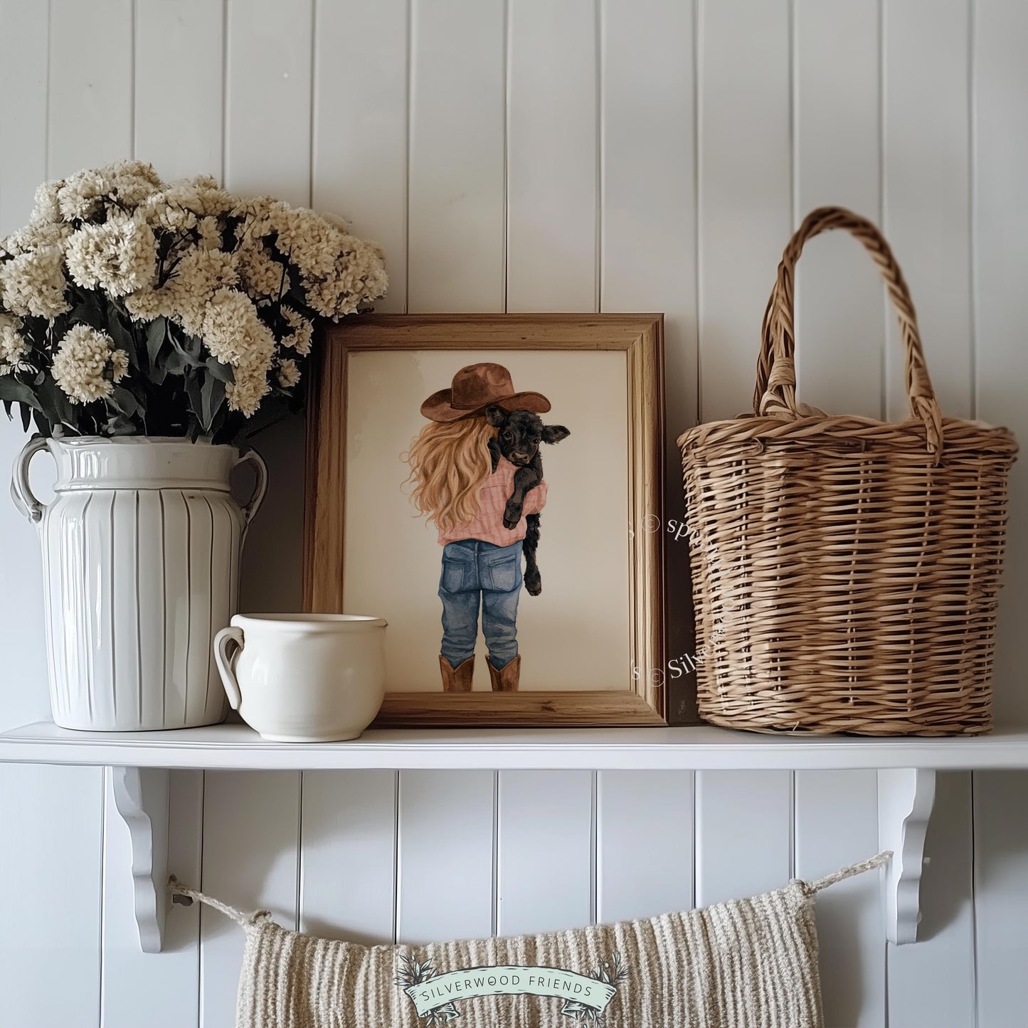 Cowgirl holding black baby cow wall art poster for kids room — gentle watercolor farmhouse animal illustration