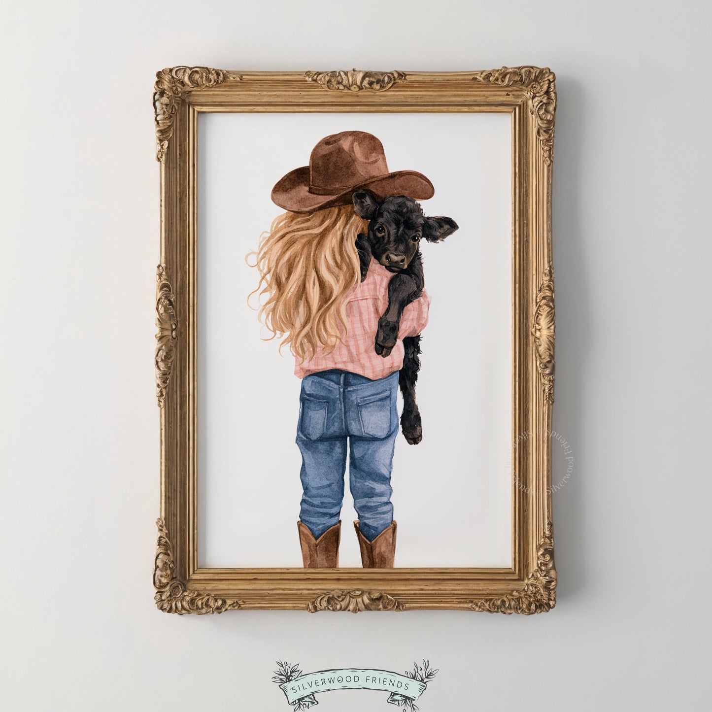 Blonde girl with black baby cow digital print for western bedroom — delicate watercolor farmland scene