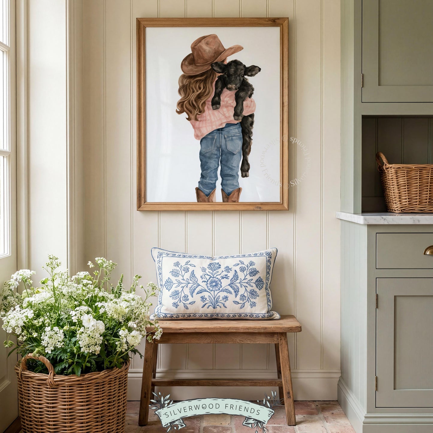 Young rancher and calf digital wall art for western baby room — tender livestock portrait with pastoral charm
