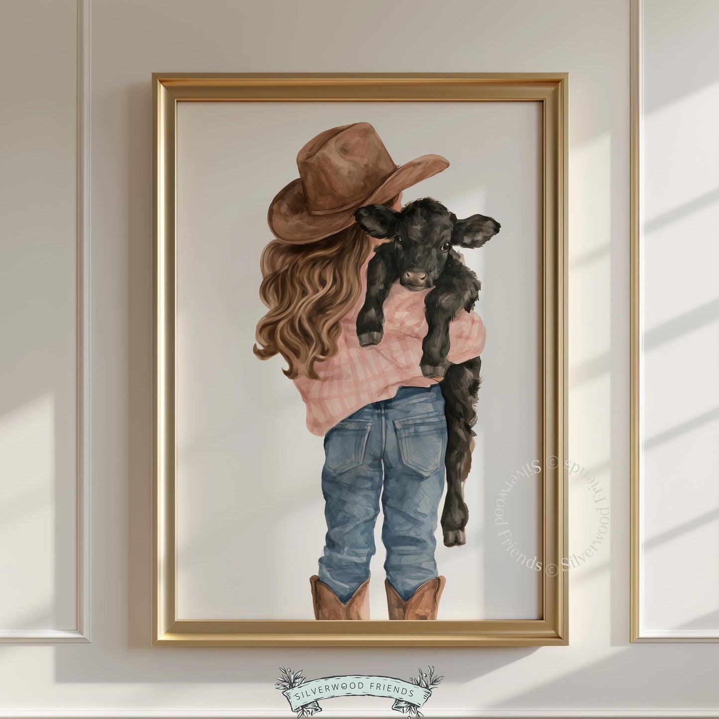 Cowgirl with infant calf wall print for toddler bedroom — sweet watercolor rural scene in soft tones
