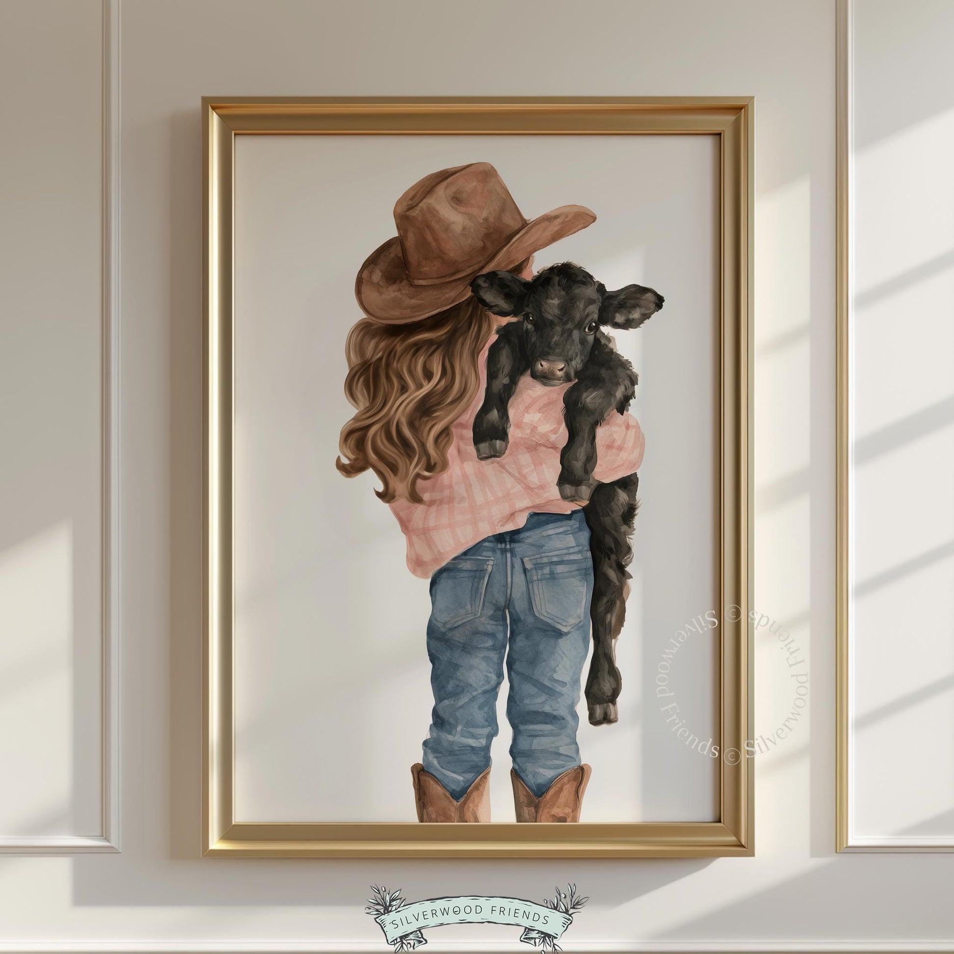Cowgirl with infant calf wall print for toddler bedroom — sweet watercolor rural scene in soft tones
