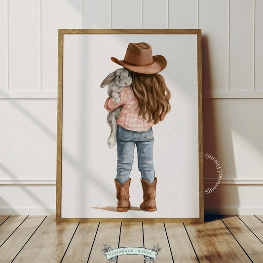 Little girl holding bunny picture for playroom decor — dreamy soft-focus watercolor with farmhouse charm